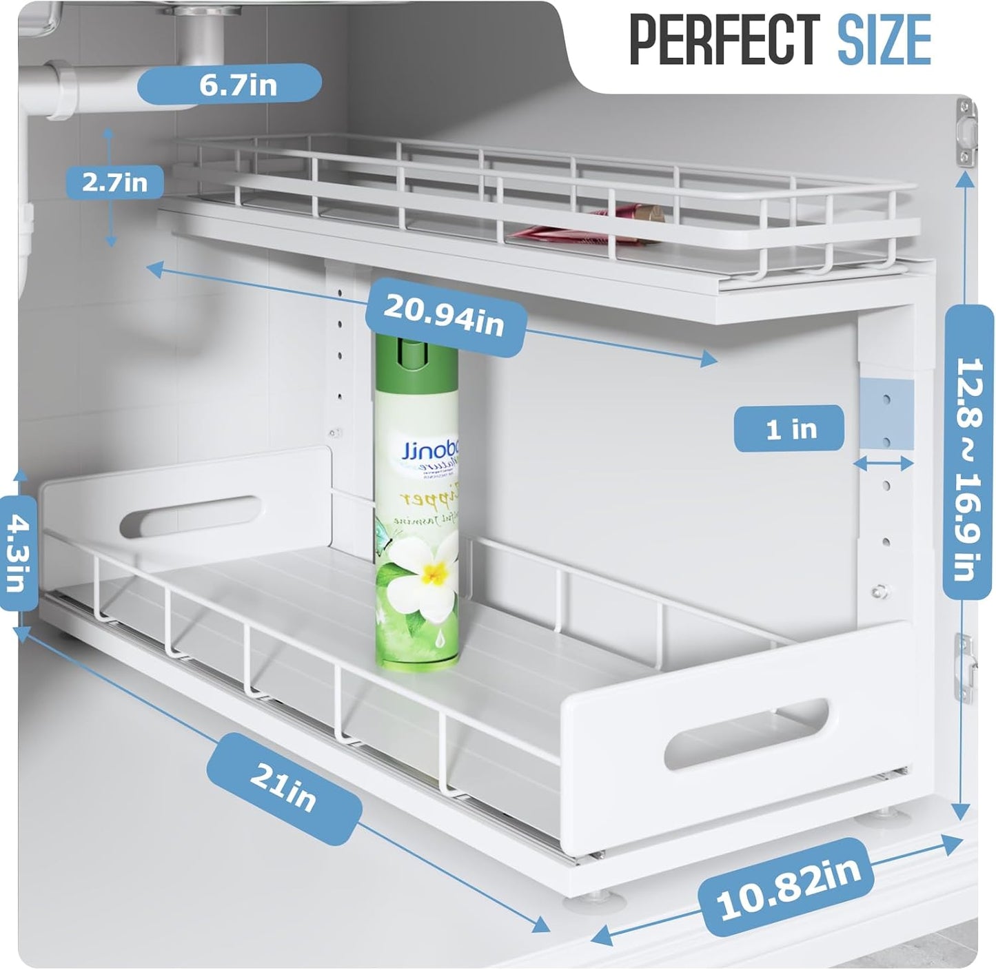 2 Pack 21 IN Depth Pull Out Cabinet Storage With Smooth Rails,2-Tier Dual Pull Out Cabinet Storage For Bathroom Kitchen,Under Sink Shelf-White