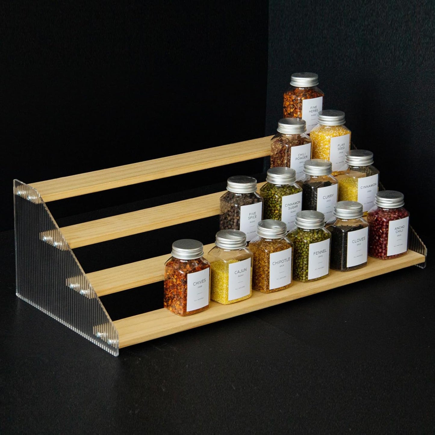 nianfeng Tiered Spice Rack, 4-Tier Spice Pantry Kitchen Cabinet Organizer, 19.9-Inch, Natural Wood Acrylic Stair Riser Stand, Countertop Seasoning Shelf