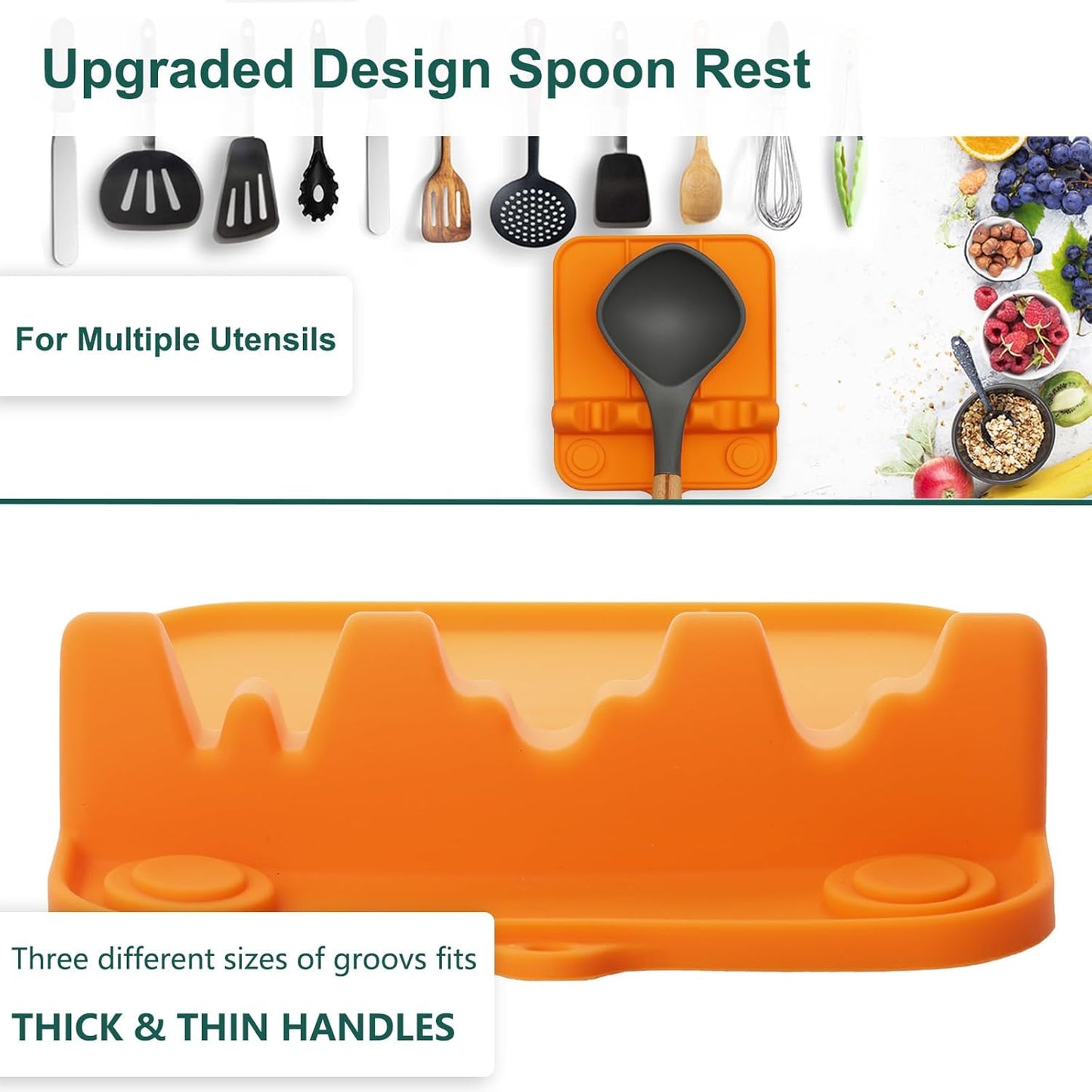 Spoon Rest, Silicone Spoon Holder for Stove Top with Drip Pad Suitable for Multiple Kitchen Gadgets, 3-Groove Upgraded Utensil Rest for Kitchen Counter, Heat-Resistant Dishwasher Safe, Orange