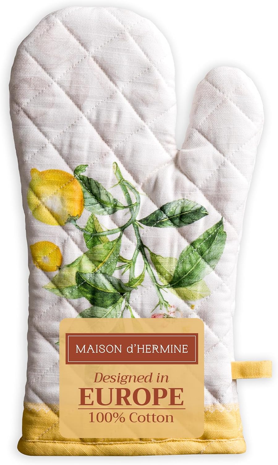 Maison d' Hermine Oven Gloves 100% Cotton Oven Mitt 7" x 13" with Loop Heat Resistant, BBQ, Cooking Gloves, Baking, Grilling, Kitchen, Handling Hot Pans Spring/Summer (Pack of 1, Limoncello)