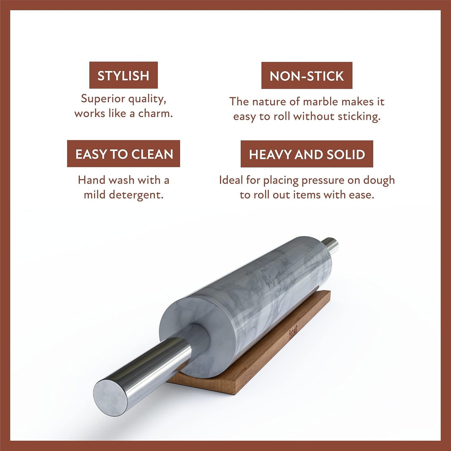 White Marble Rolling Pin with Stainless Steel Handles Baking Set - Silicone Baking Mat, Bench Scraper, Wooden Base