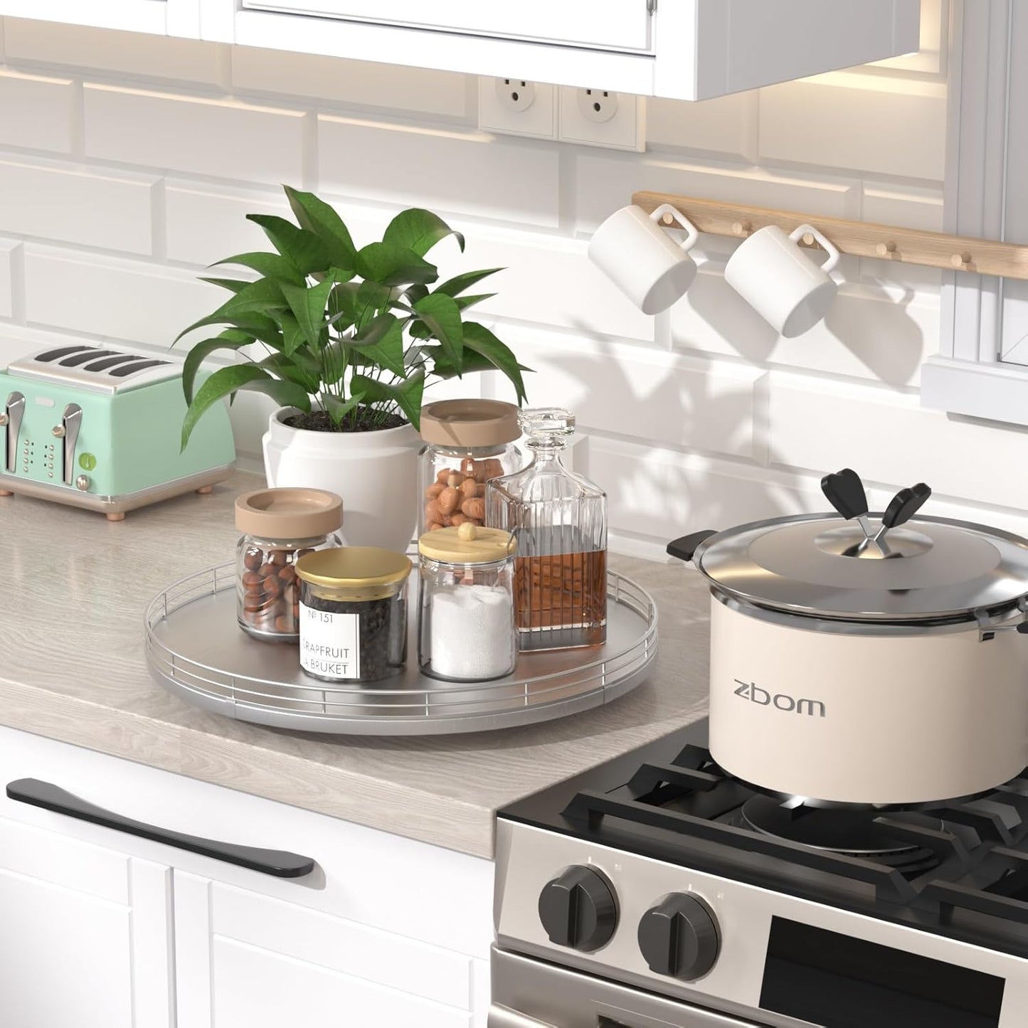 13" Silver Lazy Susan for Table Top, Oak Wood Lazy Susan Turntable Organizer for Dining Coffee Table Centerpiece Bar Decor Kitchen Countertop Bathroom Vanity Decorative Tray for Perfume Jewelry Round