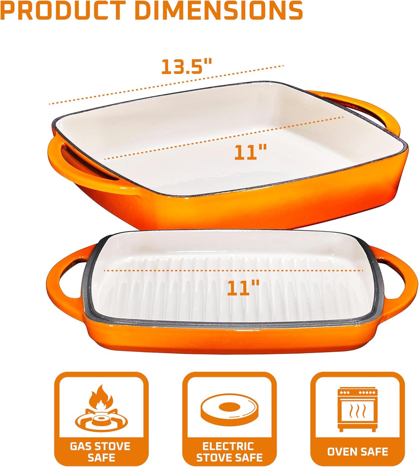 Bruntmor 2-in-1 Square Pumpkin Spice Cast Iron Dutch Oven With Handles, Enamel All-in-One Cookware Set, Braising Pan For Casserole Dish, Crock Pot Covered Cast Iron Skillet