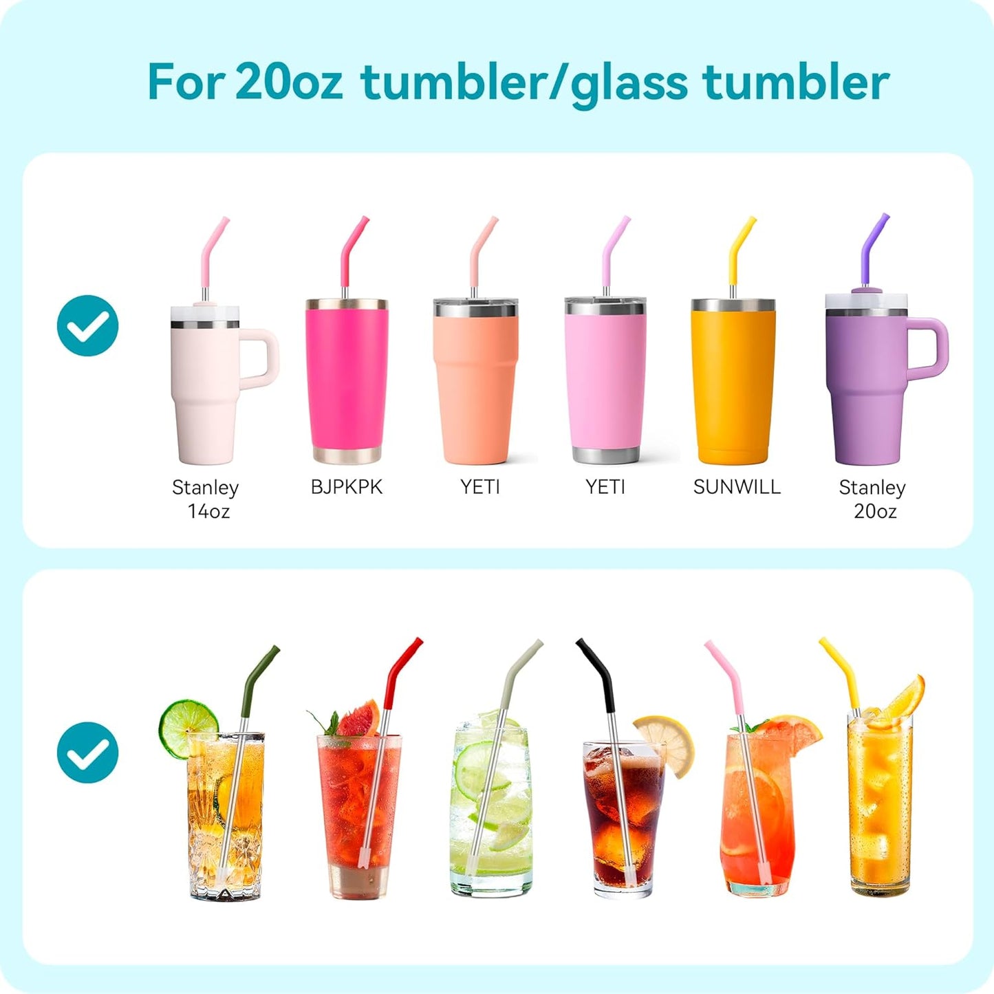 20 oz Straight Metal Straws with Silicone Tip for 20 oz Tumbler, Stainless Steel Reusable Drinking Metal Straw for YETI, STANLEY, US Acrylio, BJPKPK, Simple Modern and so on