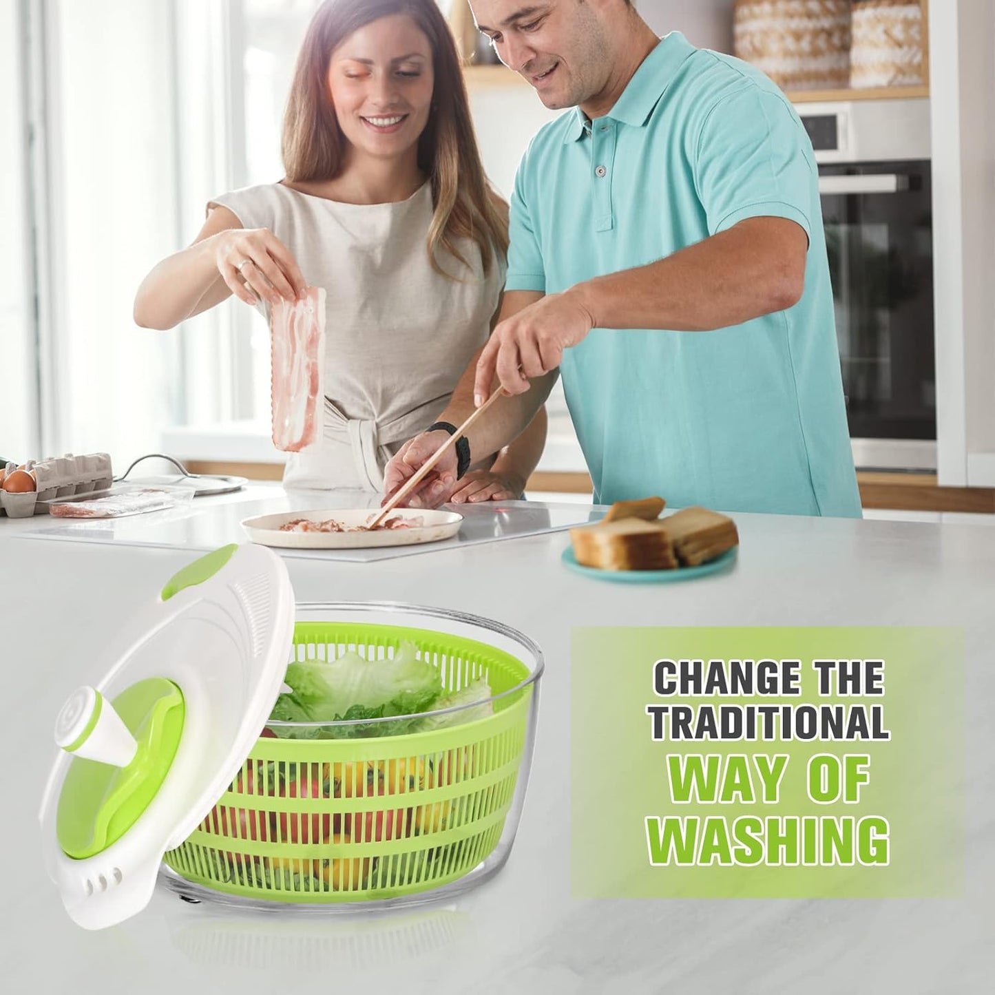 Smile mom Salad Spinner Large Lettuce Spinner Kitchen Gadgets, Large Salad Spinner Vegetable Washer, High Efficiency for Home Kitchen Washing & Drying Leafy Vegetables With Rotary Handle 4.2Qt Green