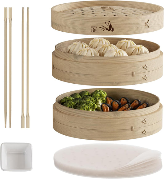 Prime Home Direct Bamboo Steamer Basket 10-Inch | 2-Tier Steamer for Cooking | 50 Liners, Chopsticks, Sauce Dish | Steaming Asian Food, Bao Buns, Chinese, Dim Sum, Dumpling, Rice, Vegetable Steam Pot