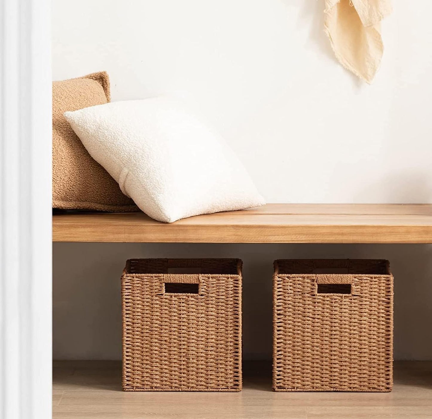 UBBCARE 2 Pack Wicker Basket, 11L×11H×10.5W inch Woven Paper Rope Storage Baskets for shelves, Foldable Cube Storage bin with Handle, Storage Basket for Organizing & Decor, Caramel