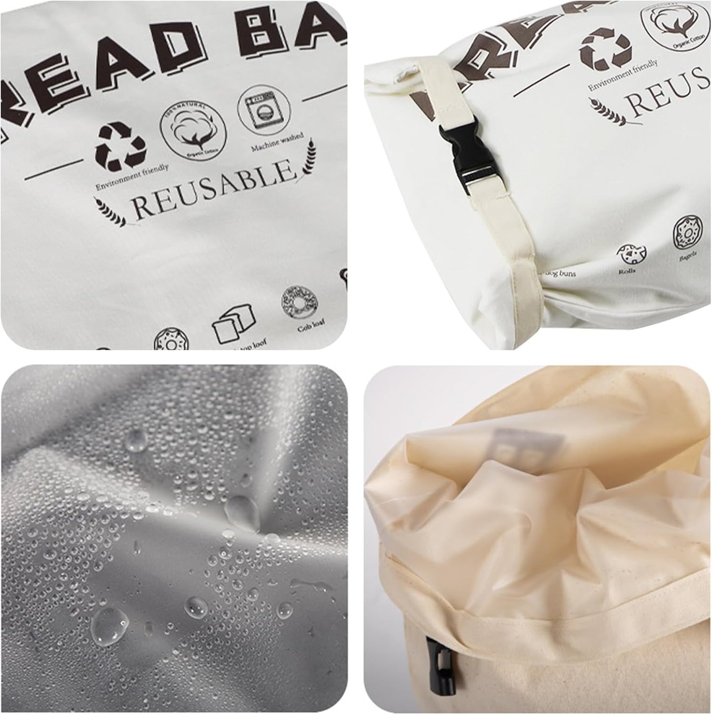 2-Pack Bread Bags, Reusable Bread Bags for Homemade Bread, Buckle Closure,Fresh Keeping Extra Large Bags, Food Bag (White)