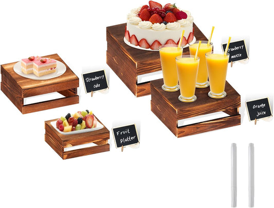 4 Pcs Buffet Risers with Mini Signs, Rustic Wood Cake Stands, Food Risers for Buffet Table, Dessert Display Stand, Wood Crates, Rustic Cake Stand for Party, Wedding, Birthday, Baby Shower, 4 Sizes