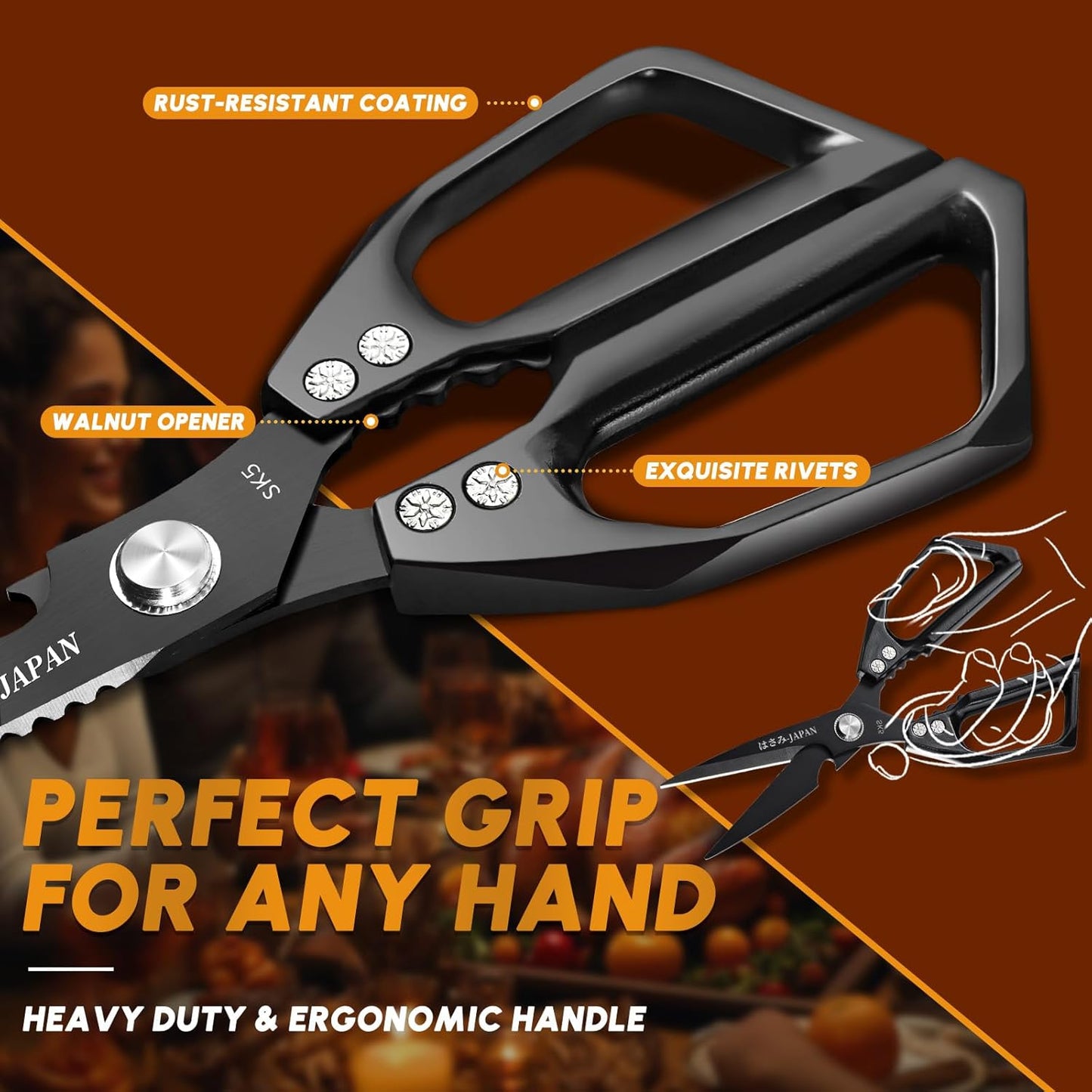 HUUSK Kitchen Scissors Set Upgraded - Stainless Steel Kitchen Shears, Sharp Meat Scissors, Heavy Duty Poultry Shear, Japanese Cooking Scissor for Food, Chicken Bones, and Turkey - Dishwasher Safe