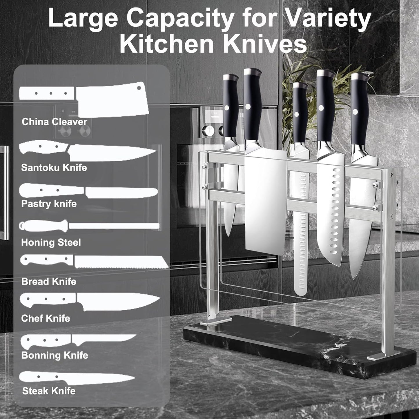 YIIYIIN Magnetic Knife Block with Acrylic Shield - Marble Based Double Side Magnetic Knife Stand - Kitchen Magnetic Knife Holder - Knife Storage - Knife Holders for Counter Top - Black