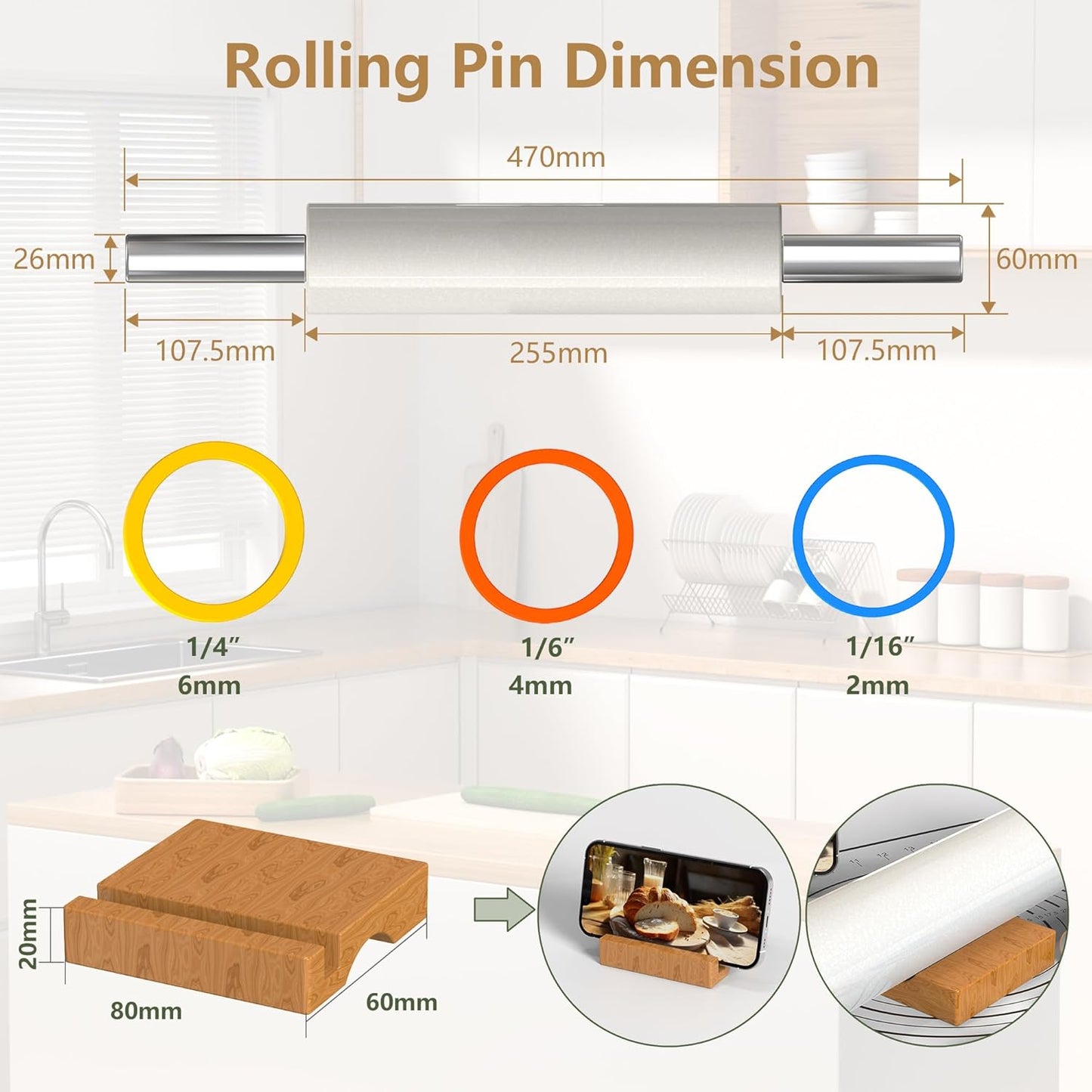 Marble Rolling Pin with Pastry Baking Mat and Stainless Steel Dough Cutter, 18.5” (Includes handle) Rolling Pin for Baking Cookie Crust Crisp Pizza with 3 Thickness Rings and Wood Stand
