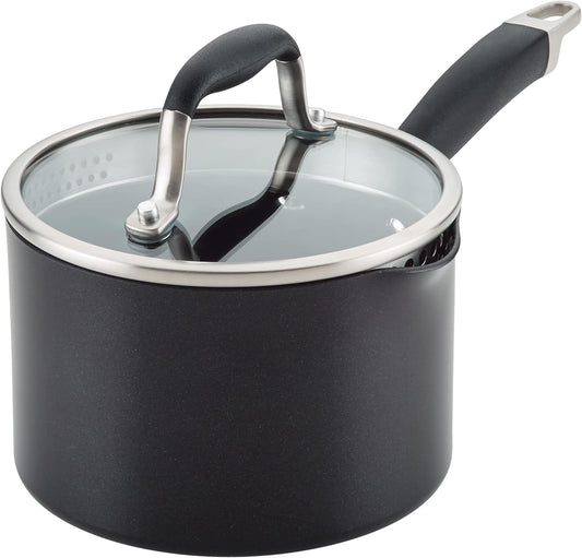 Anolon Advanced Home Hard Anodized Nonstick Sauce Pan/Saucepan with Straining and Lid, 2 Quart (2 Qt Straining Saucepan, Onyx)