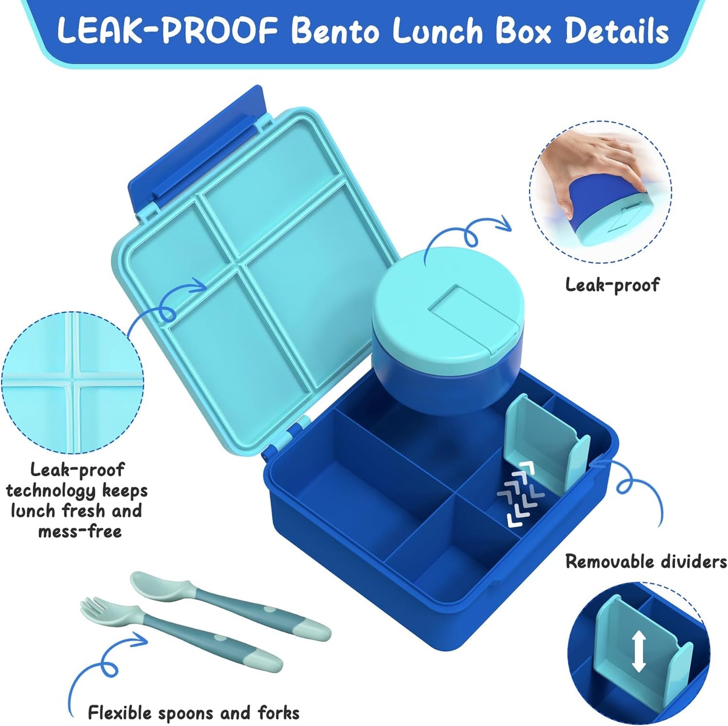 Bento Lunch Box with 8oz Soup Thermo, Leak-Proof Lunch Containers with 4 Compartment, Thermo Hot Food Jar and Insulated Lunch Box for School Blue