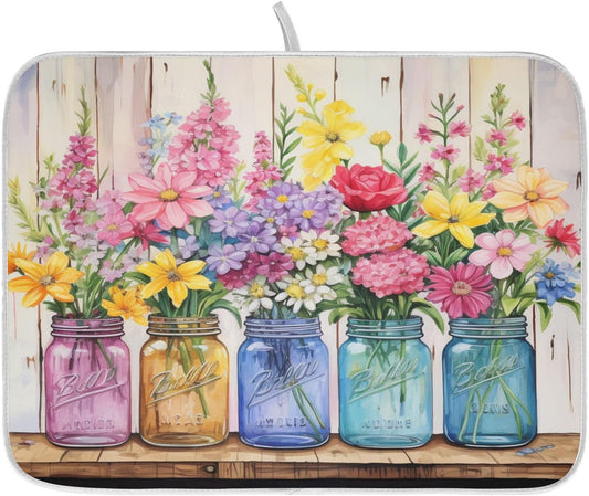 Spring Floral Jars Rustic Dish Drying Mat for Kitchen Counter Absorbent Microfiber Large Drying Pad Flowers Dish Mats for Kitchen Countertops 18 x 24 Inch