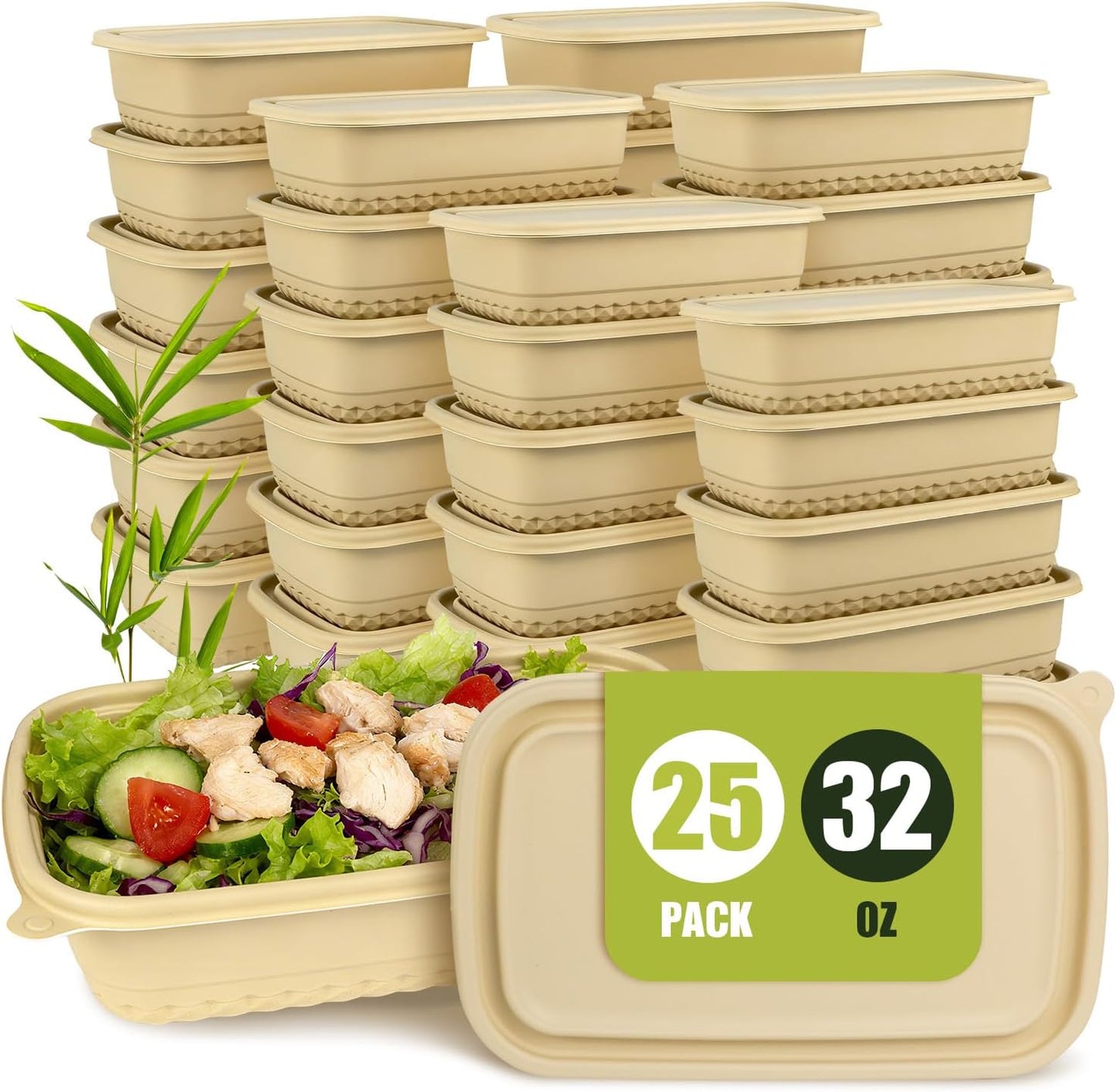 25Pack(50pcs) Meal Prep Containers Reusable, 32oz Bamboo-Powder Food Containers with Lids, Plant-based To Go Containers for Lunch - Microwave, Freezer, Dishwasher Safe