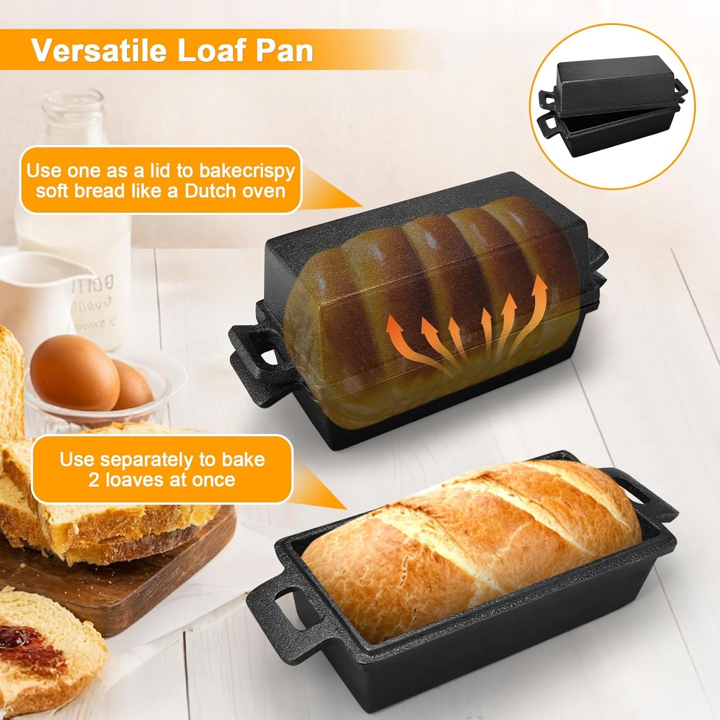 2 Piece SetCast Iron Loaf Pan,Bread Pans for Homemade Bread with Lid Homemade Sourdough and Meatloaf, Bread Oven Cast Iron Cookware