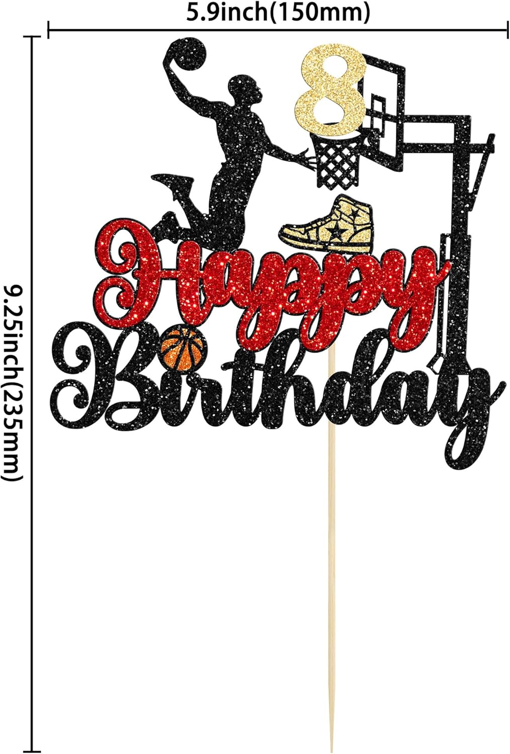 1Pc 8th Birthday Basketball Cake Topper Glitter Basketball Sports Theme Cake Pick for Baby Shower 8th Birthday Cake Decorations Party Supplies Black