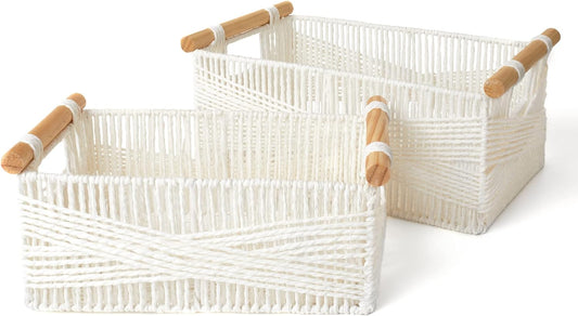 LA JOLIE MUSE Wicker Storage Baskets for Organizing, Recyclable Paper Rope Basket with Wood Handles, Decorative Hand Woven Basket Organizers for Makeup Books Shelves Living Room, White, Set of 2