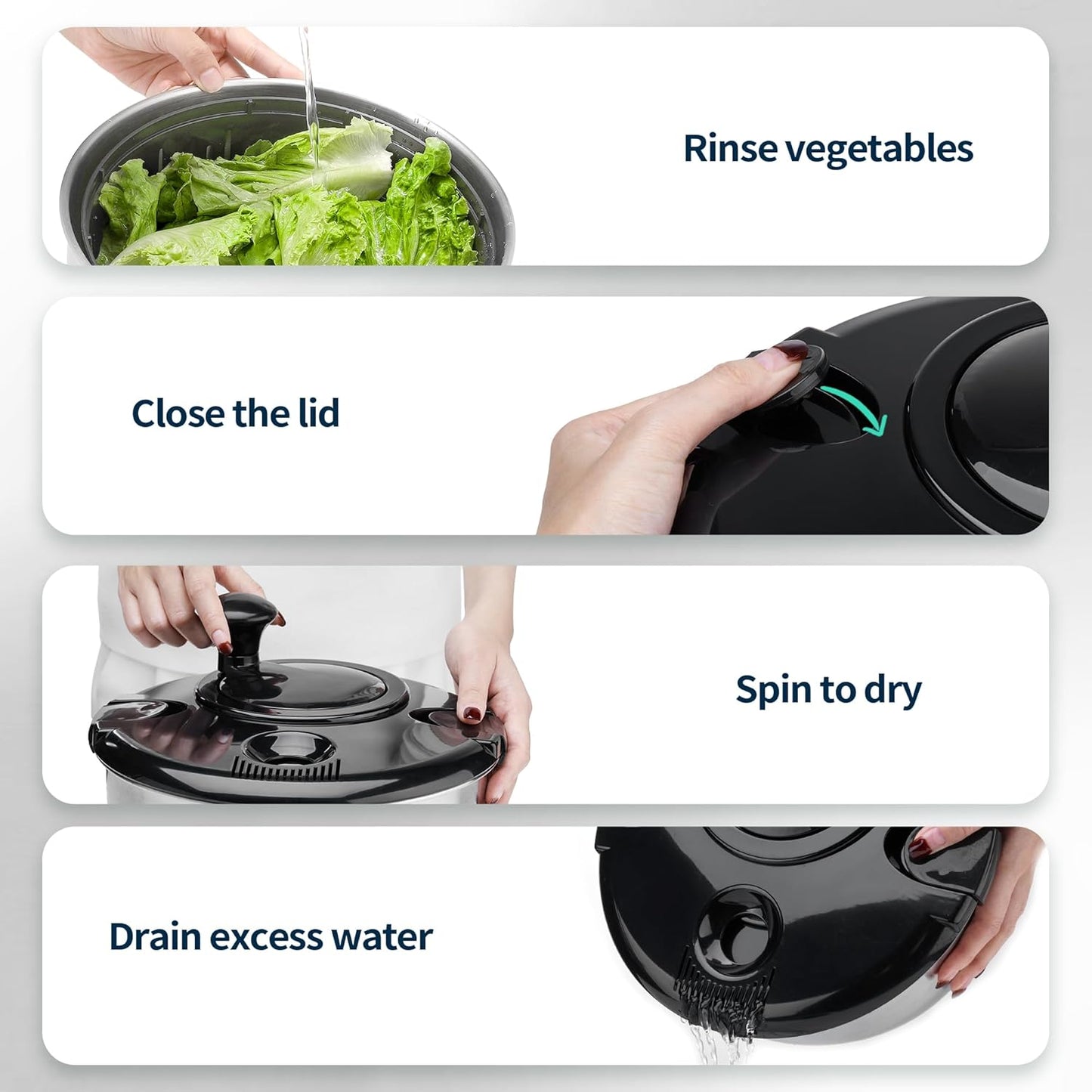 Stainless Steel Salad Spinner, 4.2 Qt Vegetable Washer, BPA-Free Lettuce Dryer with Crank Design, Dishwasher Safe, Non-Slip Base - Black Lid