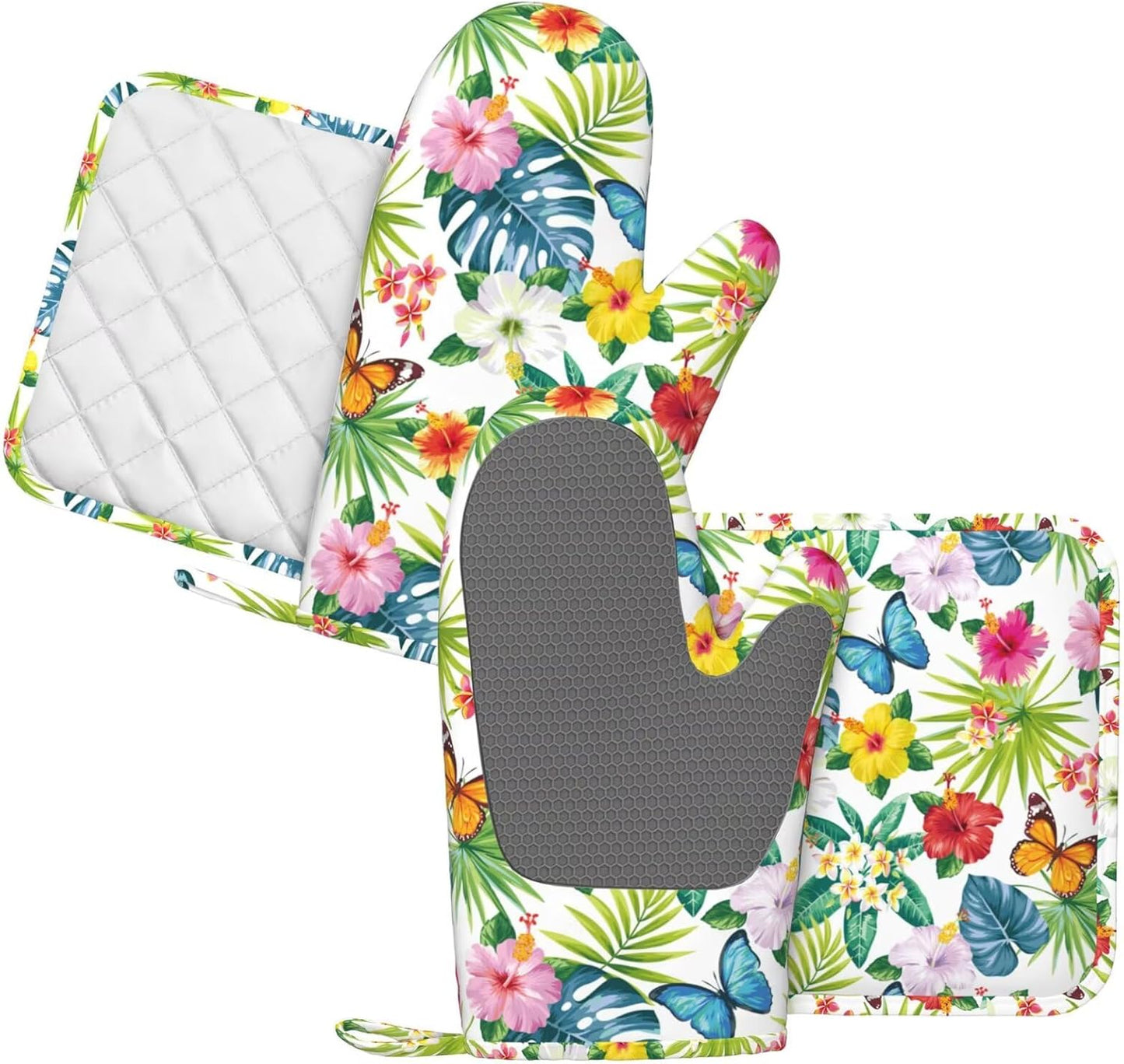 Tropical Floral Flower Leaves Butterfly Oven Mitts and Pot Holders Set of 4 Silicone Kitchen Mitten Gloves and Non-Slip Potholders Set Heat Resistant Oven Gloves Hot Holders for Kitchen