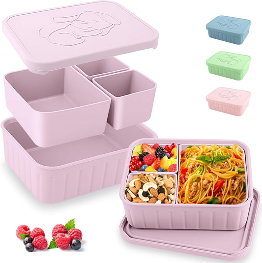 Bento Lunch Box for Kids-Reusable Silicone Kids Bento Box Lunch Container Leakproof Lunchbox Meal Prep Food Storage Containers with 3 Removable Compartments–Dishwasher Safe/BPA Free/Portion Control