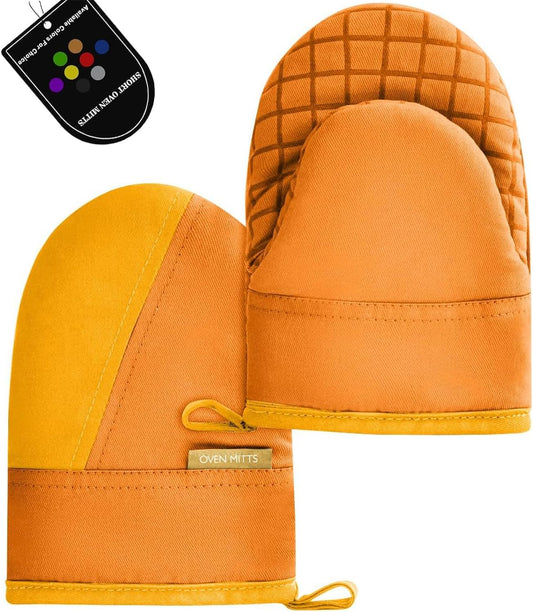 Mini Oven Mitts, Kitchen Oven Gloves Kitchen Mittens 500 Degrees Heat Resistant Baking Gloves, Non-Slip Silicone Surface with Hanging Loops Hot Gloves for Cooking, Baking, BBQ 1 Pair-Orange