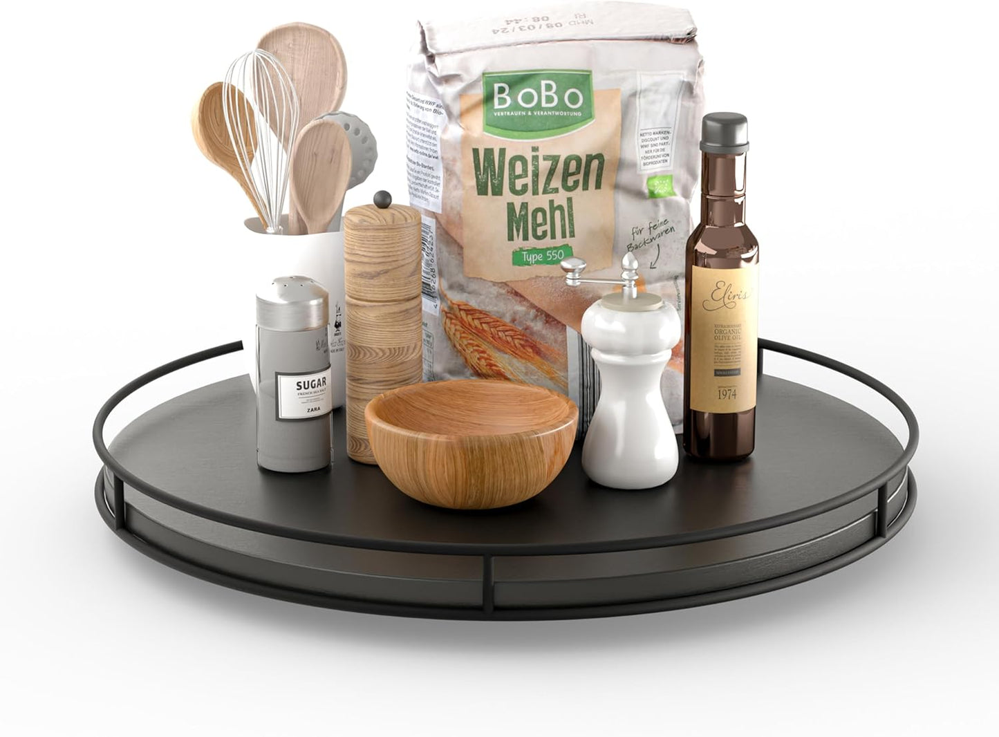 16" Acacia Wood Lazy Susan Turntable with Metal Frame - Large Black Lazy Susans Organizer Countertop Storage - Wooden Serving Tray for Charcuterie Cheese Board - Kitchen Counter Rotating