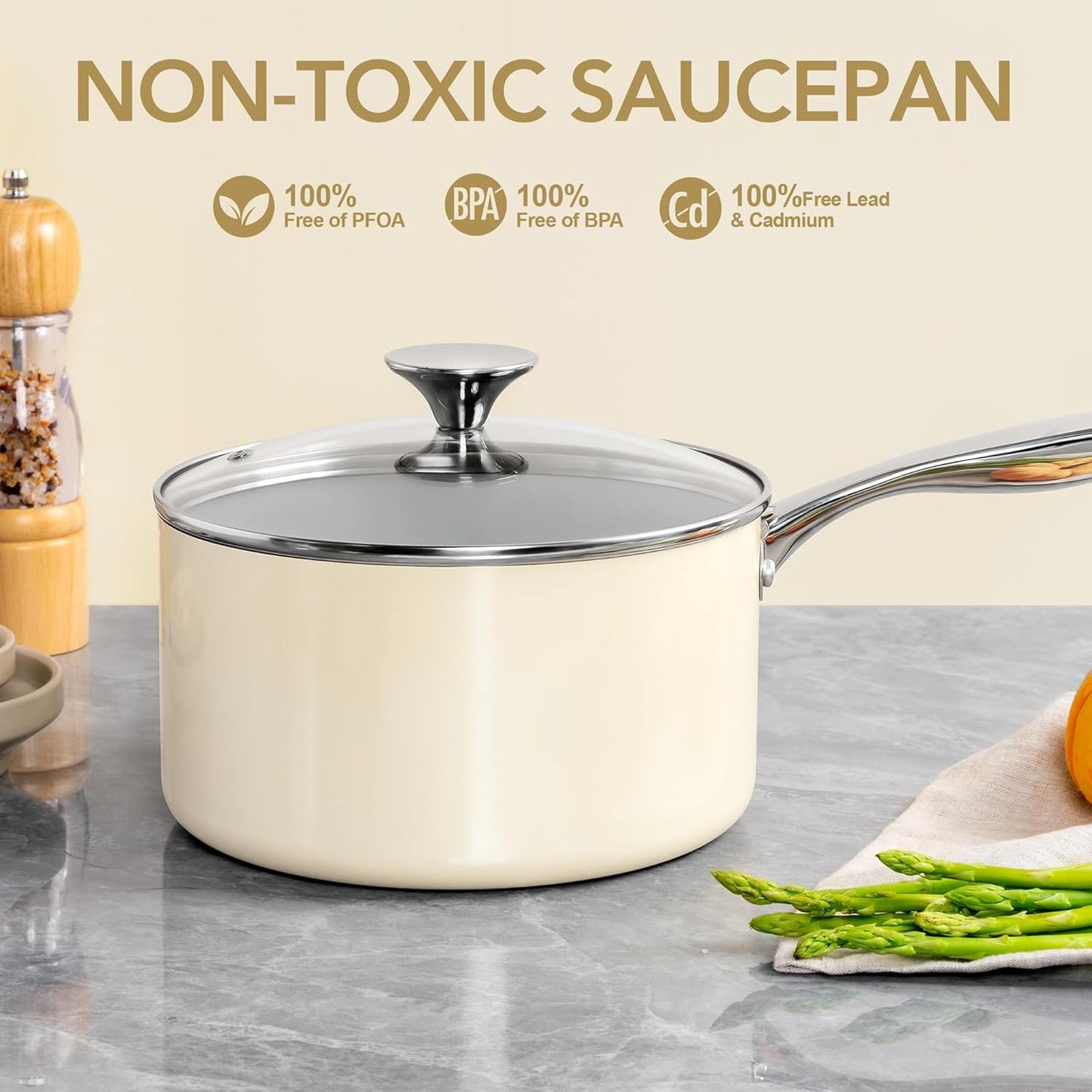 MICHELANGELO 3 Quart Saucepan with Lid - Non Toxic Sauce Pan with Nonstick Ceramic Coating, Scratch-Resistant, Induction Saucepan Suitable for All Stovetops, Beige