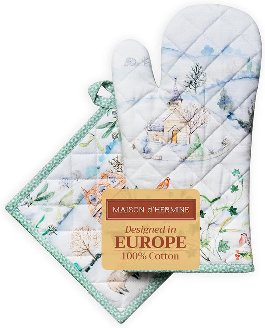 Maison d' Hermine 100% Cotton Oven Mitt & Pot Holder Set (7.5"x13" & 8"x8") Heat Resistant BBQ Cooking Gloves with Loop, Baking, Grilling, Kitchen, Handling Hot Pans (Snowy World)