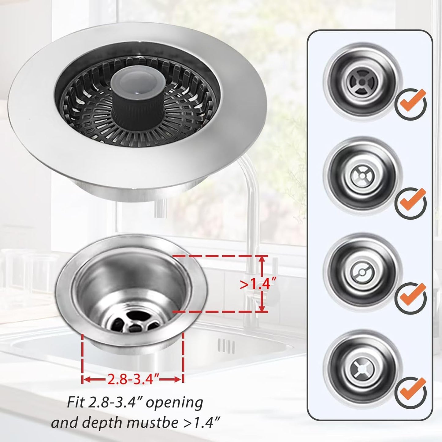 Kitchen Sink Drain Strainer, 3 in 1 Pop Up Kitchen Sink Stopper, with An Extra Basket Strainer, Universal for US Standard 3-1/2 Inch, Chrome Silver