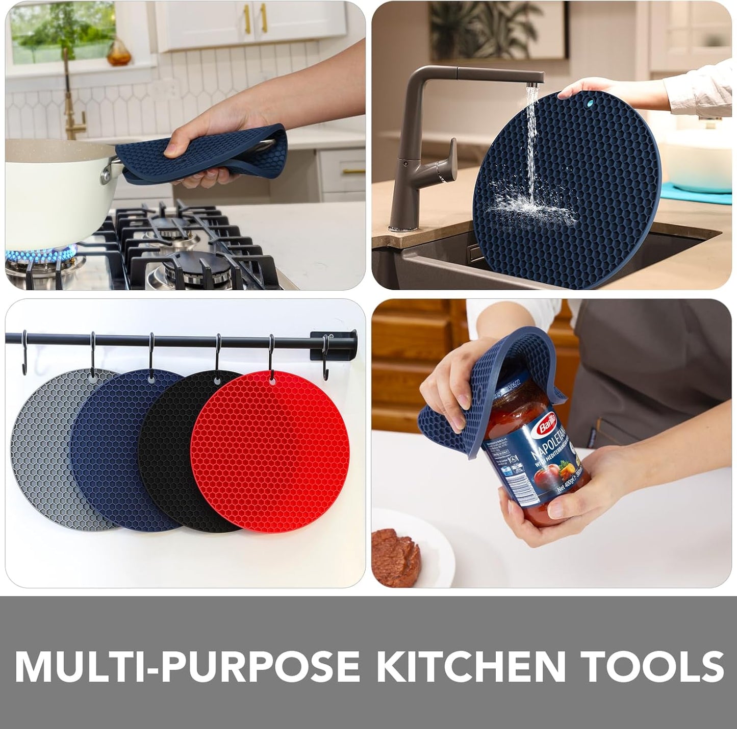 Joyhalo Trivets for Hot Dishes - Hot Pads for Kitchen, Silicone Pot Holders for Hot Pots and Pans, Silicone Mats for Kitchen Countertops, Table, Flexible Easy to Wash and Dry, Navy