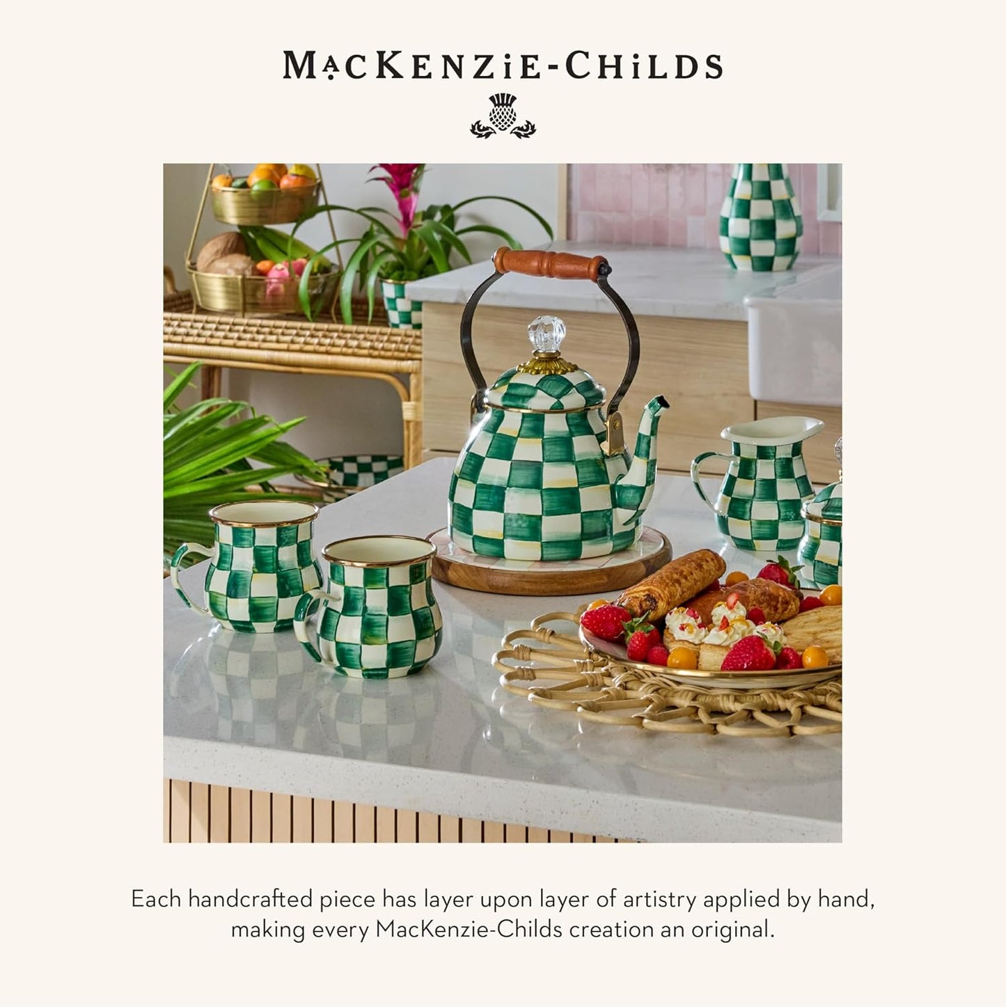 MACKENZIE-CHILDS Enamel Relish Dish, Small Serving Bowl for Entertaining, Green-and-White Emerald Check