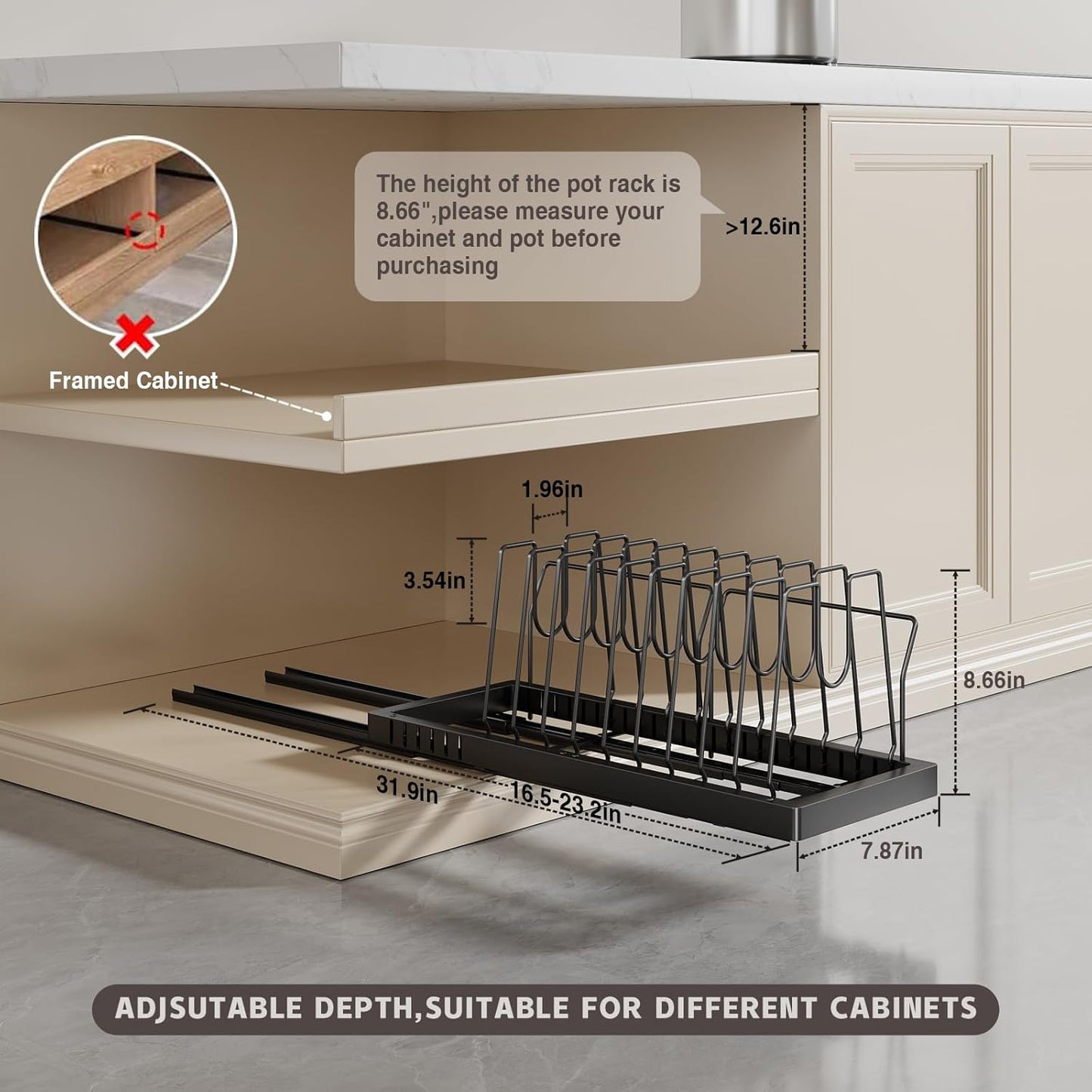 2 Pack Pots and Pans Organizer Under Cabinet, 22" Deep Expandable Pull Out Pot Lid Organizer and Storage with 10 Adjustable Dividers No Drill Pot and Pan Holder Rack with Handle Bracket(Black)