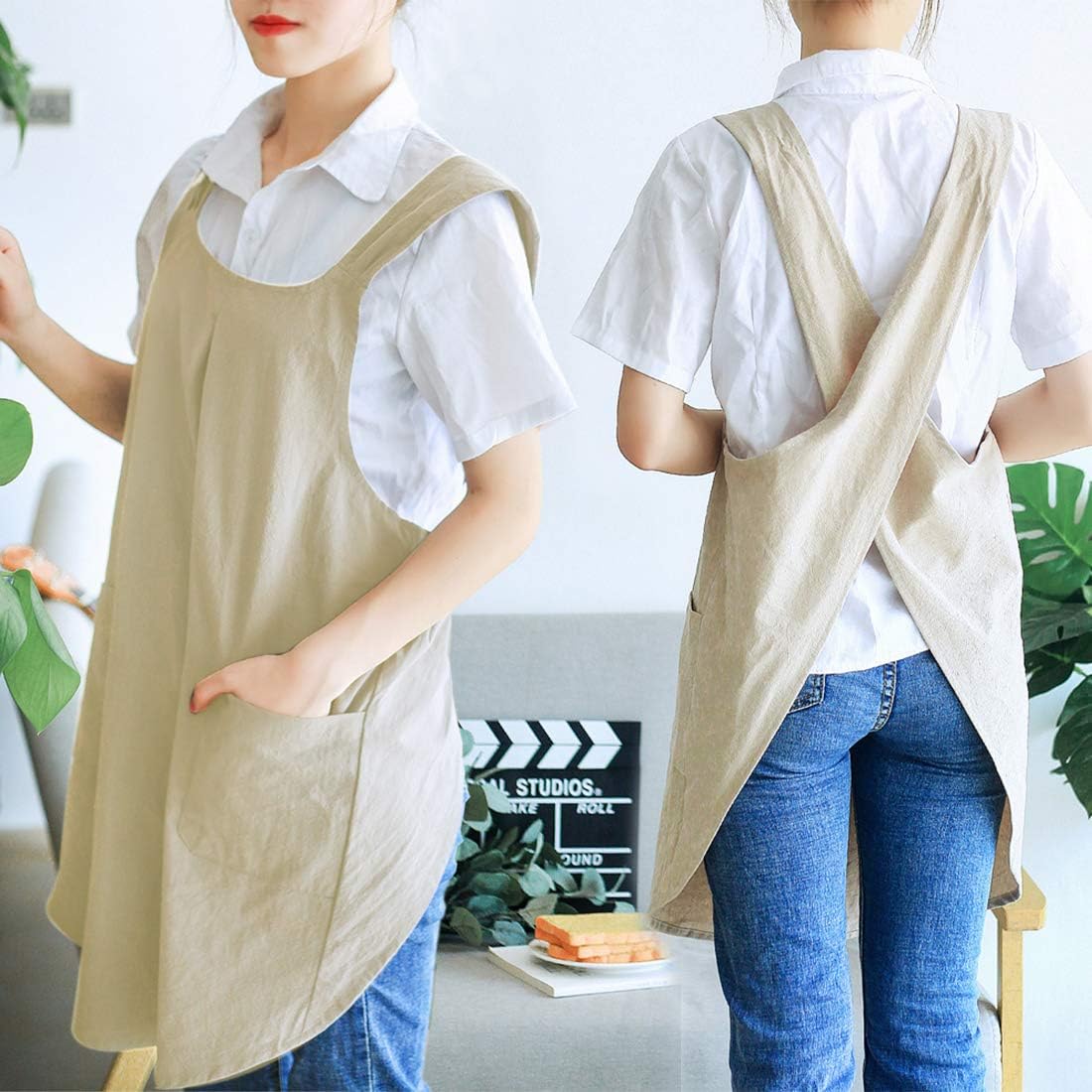 NEWGEM Japanese Linen Cross Back Cooking Aprons for Women Men with Pockets Cute for Baking Kitchen