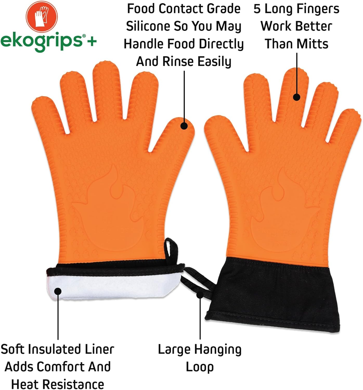 Ekogrips+ Premium Silicone Oven Mitts - Comfy, Waterproof, Heat Resistant BBQ Gloves for Grilling, Long Cuff for Added Protection, 5 Finger Dexterity, 3 Sizes, 4 Colors, L/XL, Orange