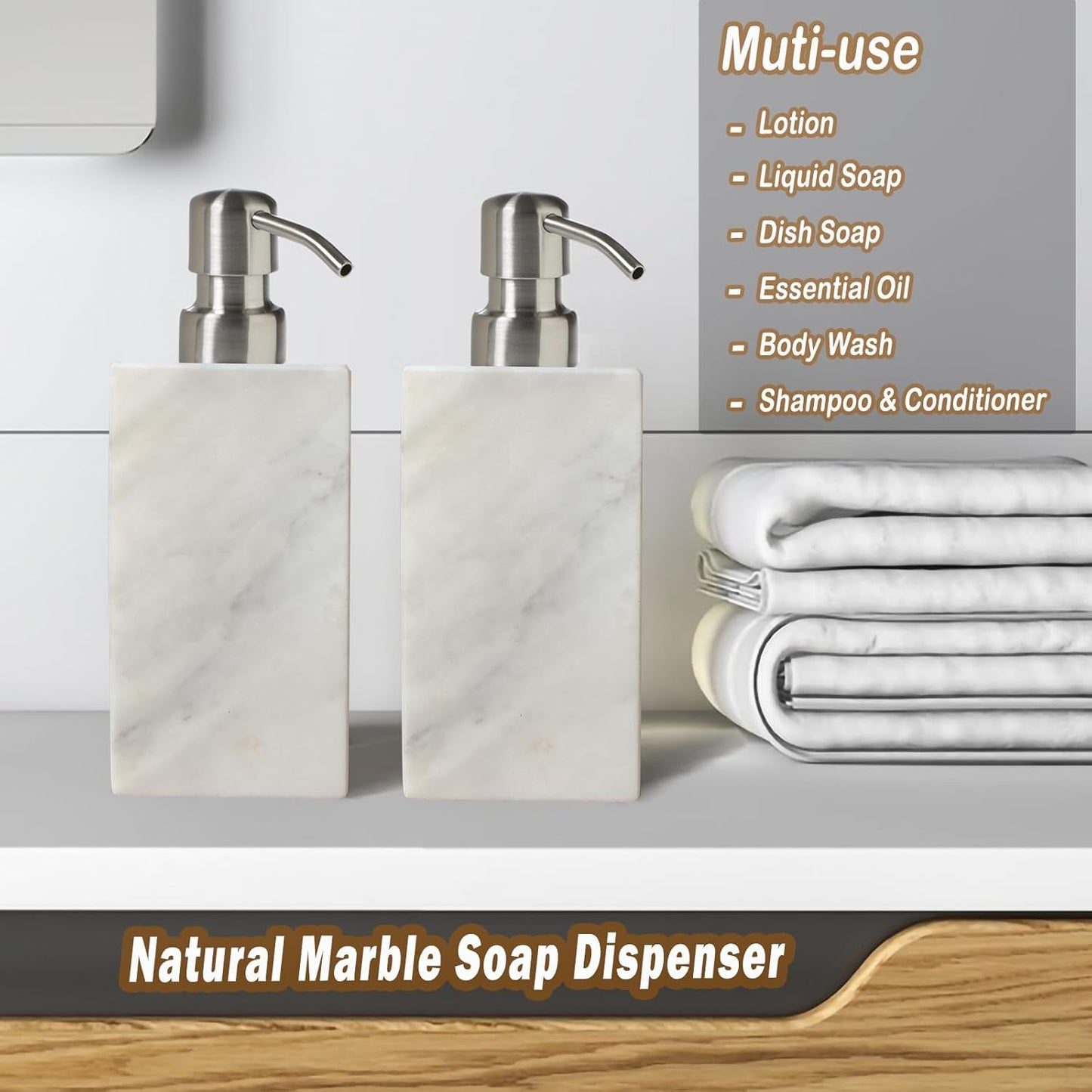 Hand Liquid&Lotion Soap Dispenser Pump Bottle Natural Marble for Kitchen Bathroom Countertop Laundry Room Holds Dish Soap Shampoo Laundry Liquid Shower Gel (Sir White)