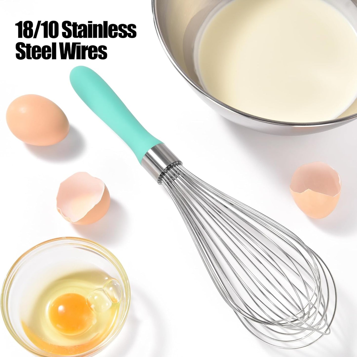 18/8 Stainless Steel Balloon Whisk, Doosu Kitchen Whisk for Cooking Handheld Egg Beater with Rust-Proof Sturdy Wires & Non-Slip Silicone Handle for Beating, Stirring, Blending (12 Wires, Aqua Sky)