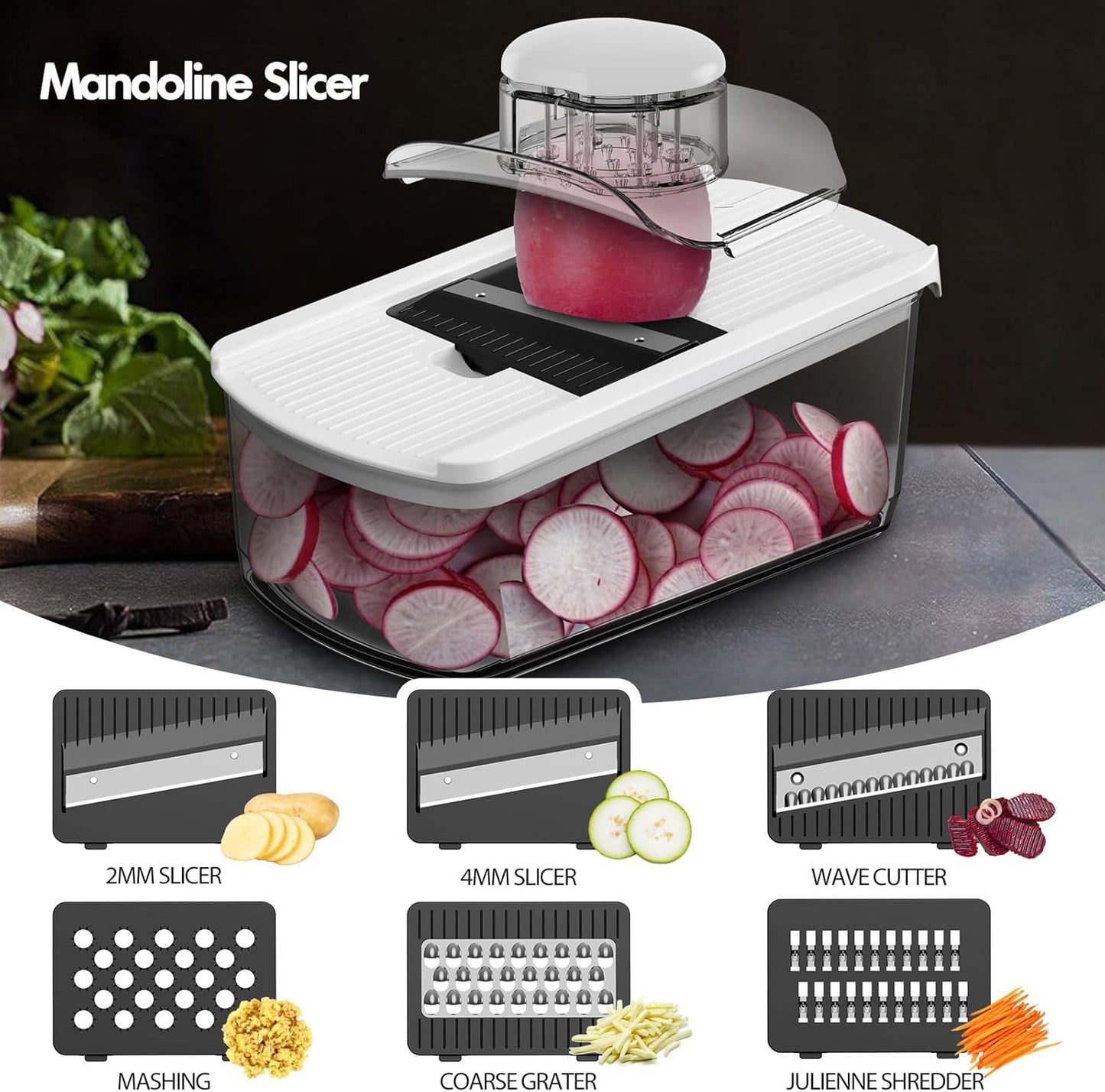 Cambom Mandoline Slicer Vegetable Slicer With 2 L Container for Potatoes, Tomatoes, Cucumbers, Carrots With 10 Blades White