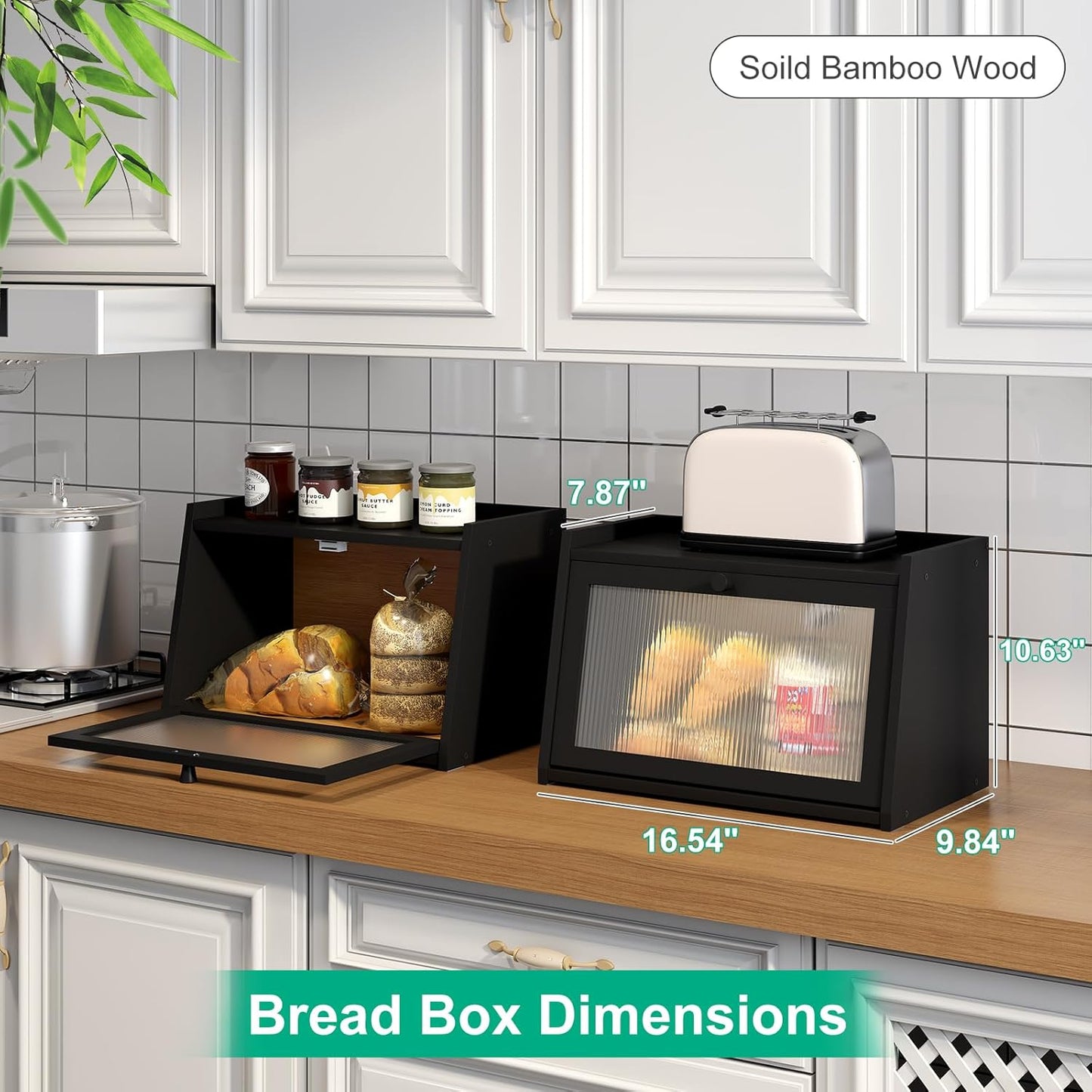 Bread Box for Kitchen Counter, Large Bamboo Bread Storage Container with Wavy Arcylic Door, Bamboo Wooden Farmhouse Bread Box for Your House (Black, Medium)