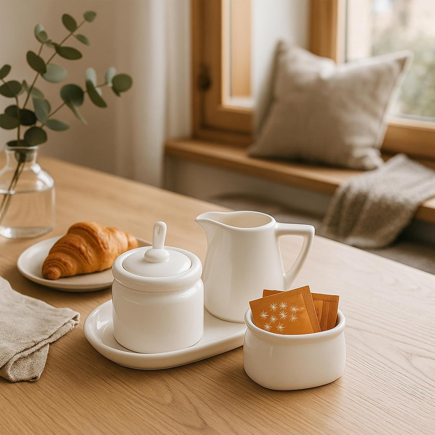 ZENFUN Set of 4 Porcelain Creamer and Sugar Set with Saucer, Sugar Bowl with Lid and Spoon, Cream Pitcher, Sweetener Holder, Coffee Serving Set for Kitchen Home Cafe Party, Restaurant, White