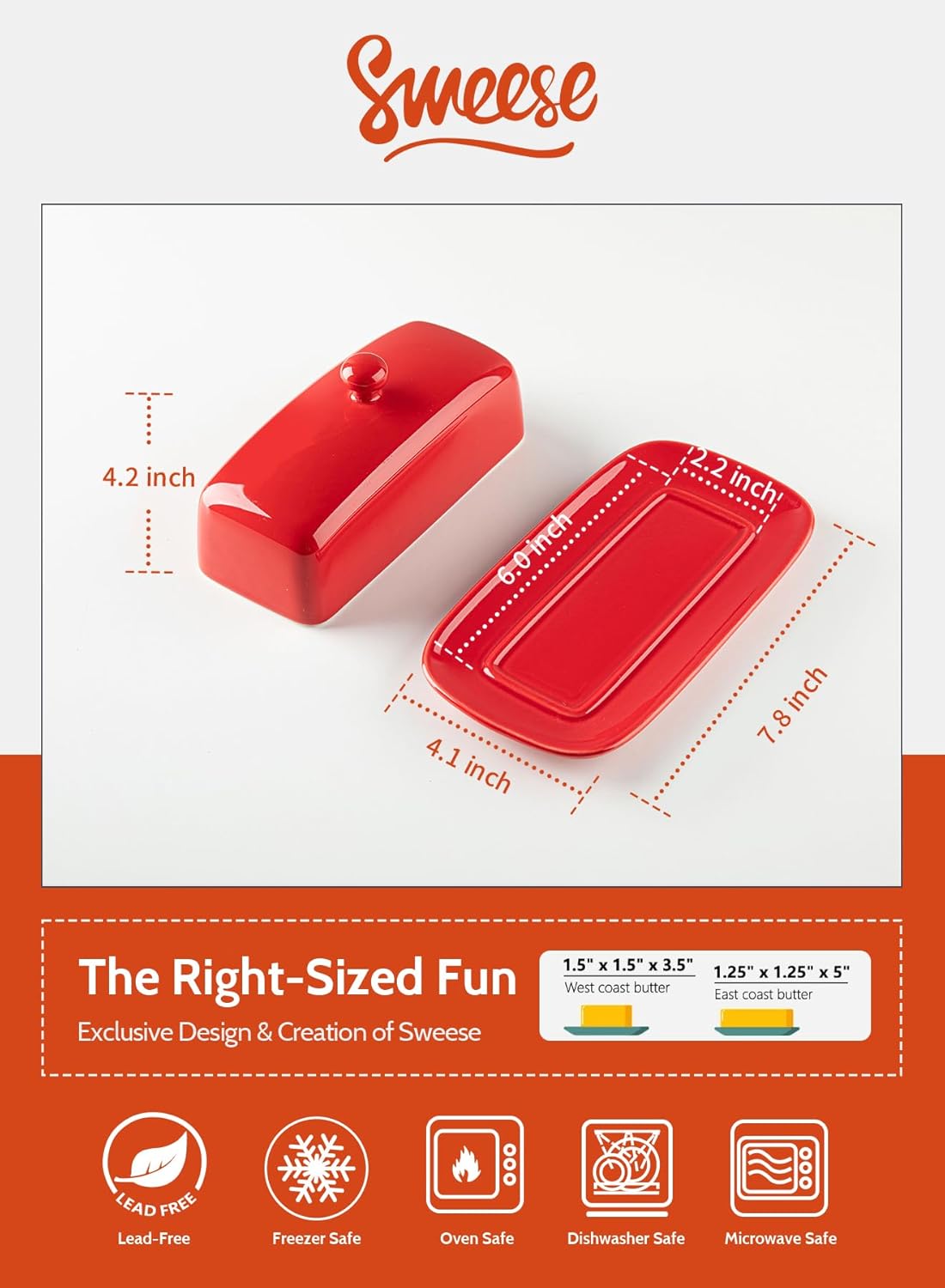 Sweese Butter Dish with Lid, Porcelain Butter Keeper, 7.8 Inch Butter Holder with Handle Cover, Butter Container Perfect for East West Coast Butter, Red