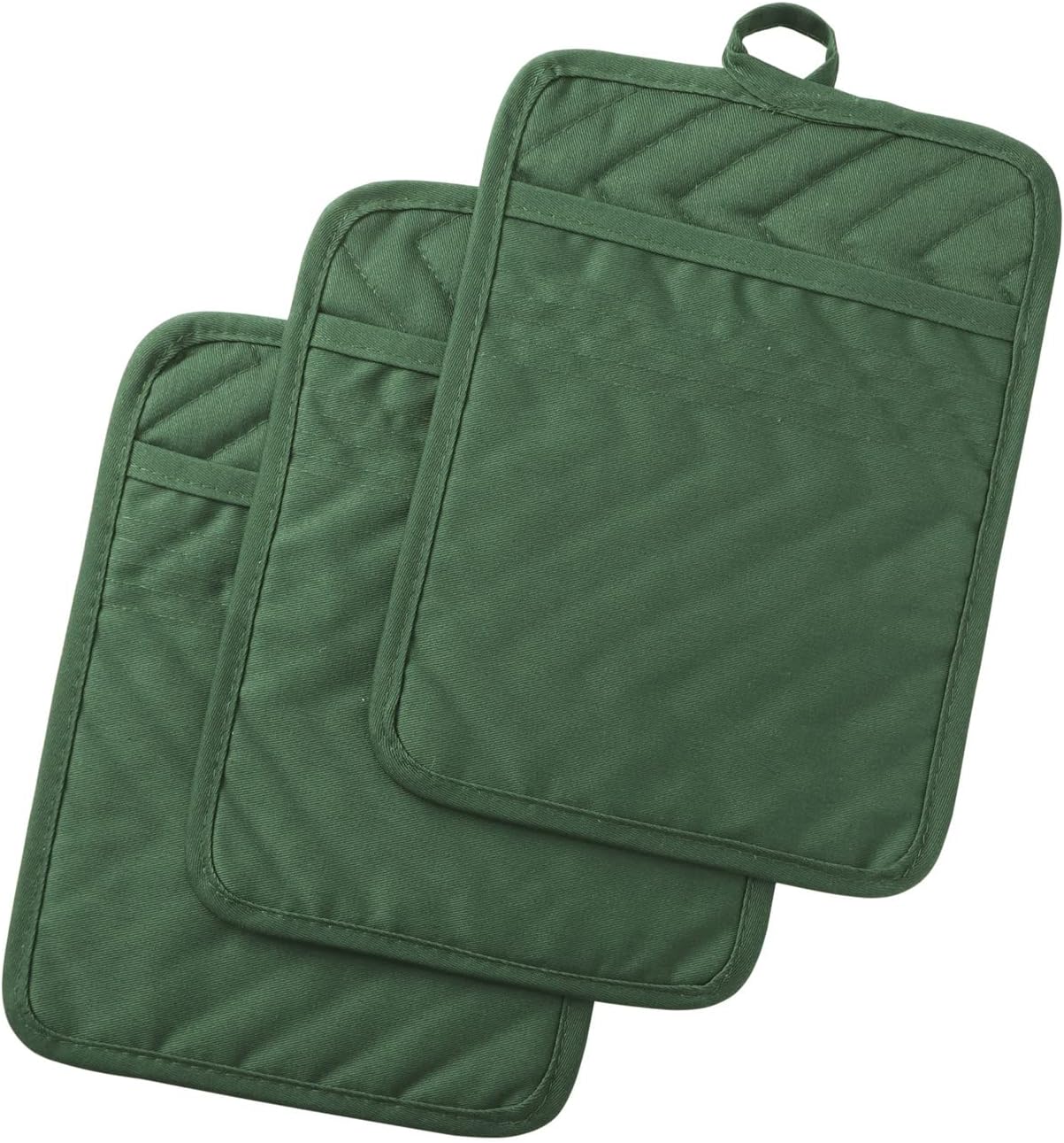 Anyi Pot Holders and Oven Mitts 7" X 9" Heat Resistant Cotton Pocket Pot Holder Set Feature of Non Slip Kitchen Hot Pad Oven Mitts, 3-Pack (Hunter Green)