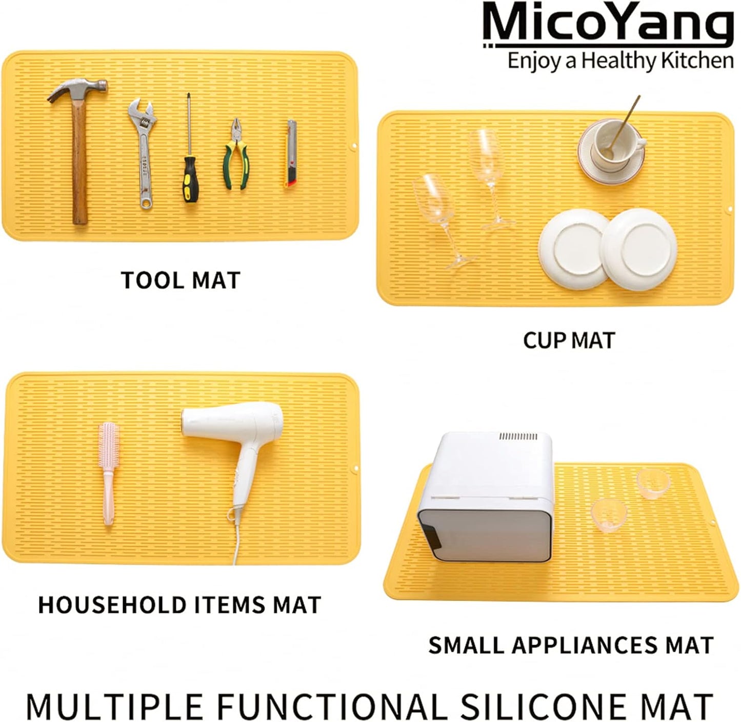 Silicone Dish Drying Mat for Multiple Usage,Easy clean,Eco-friendly,Heat-resistant Silicone Mat for Kitchen Counter or Sink,Refrigerator or Drawer Liner Yellow 4XL 32 inches x 18 inches