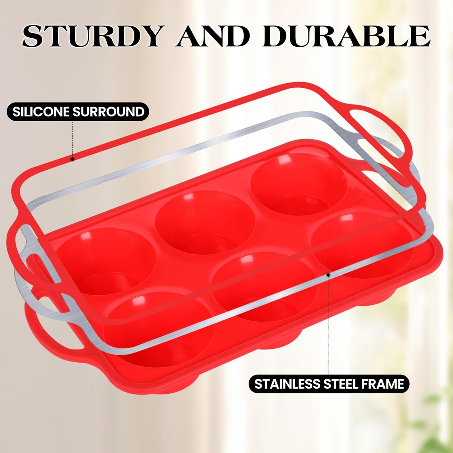 1 Pc Jumbo Muffin Pan with Metal Frame, Nonstick 6 Cup Extra Large Cupcake Pan for Baking, Silicone Deep Muffin Tray for Egg Bites (Red)