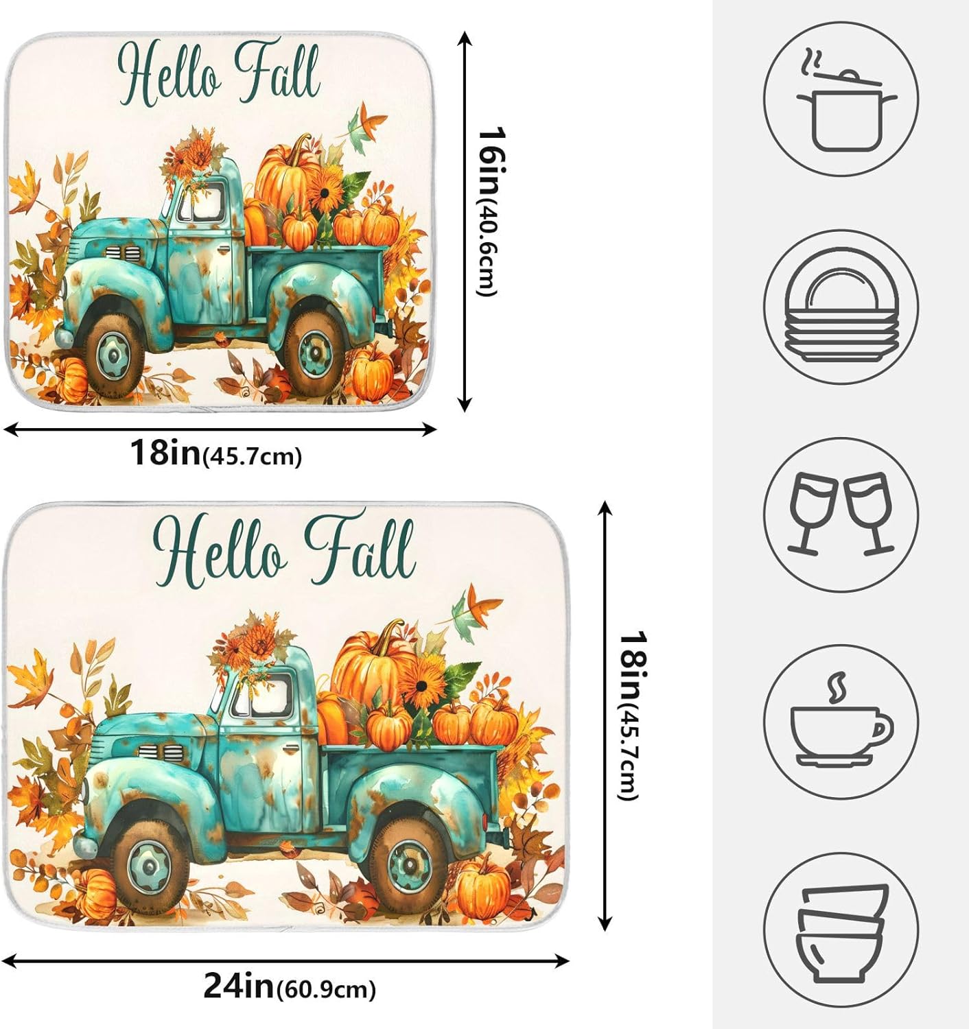 Vintage Fall Truck with Pumpkins Autumn Leaves Dish Drying Mat for Kitchen Counter Absorbent Microfiber Small Drying Pad Dish Mats for Kitchen Countertops 16 x 18 Inch