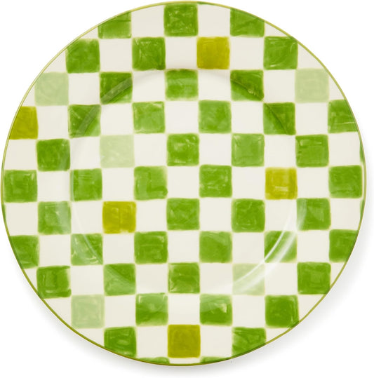 MACKENZIE-CHILDS Round Platter, Dishwasher-Safe and Microwave-Safe Stoneware Serving Platter, Green Check