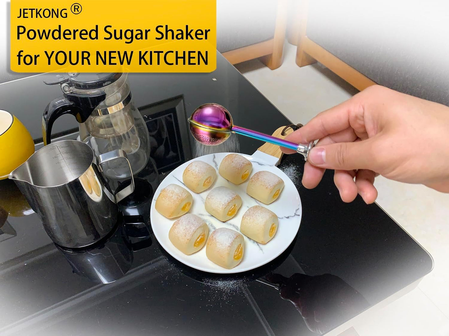 JETKONG Powdered Sugar Shaker Duster Flour Dispenser Shaker with 18/8 Stainless Steel Spring-operated Handle for Sugar Flour and Spices (Rainbow)