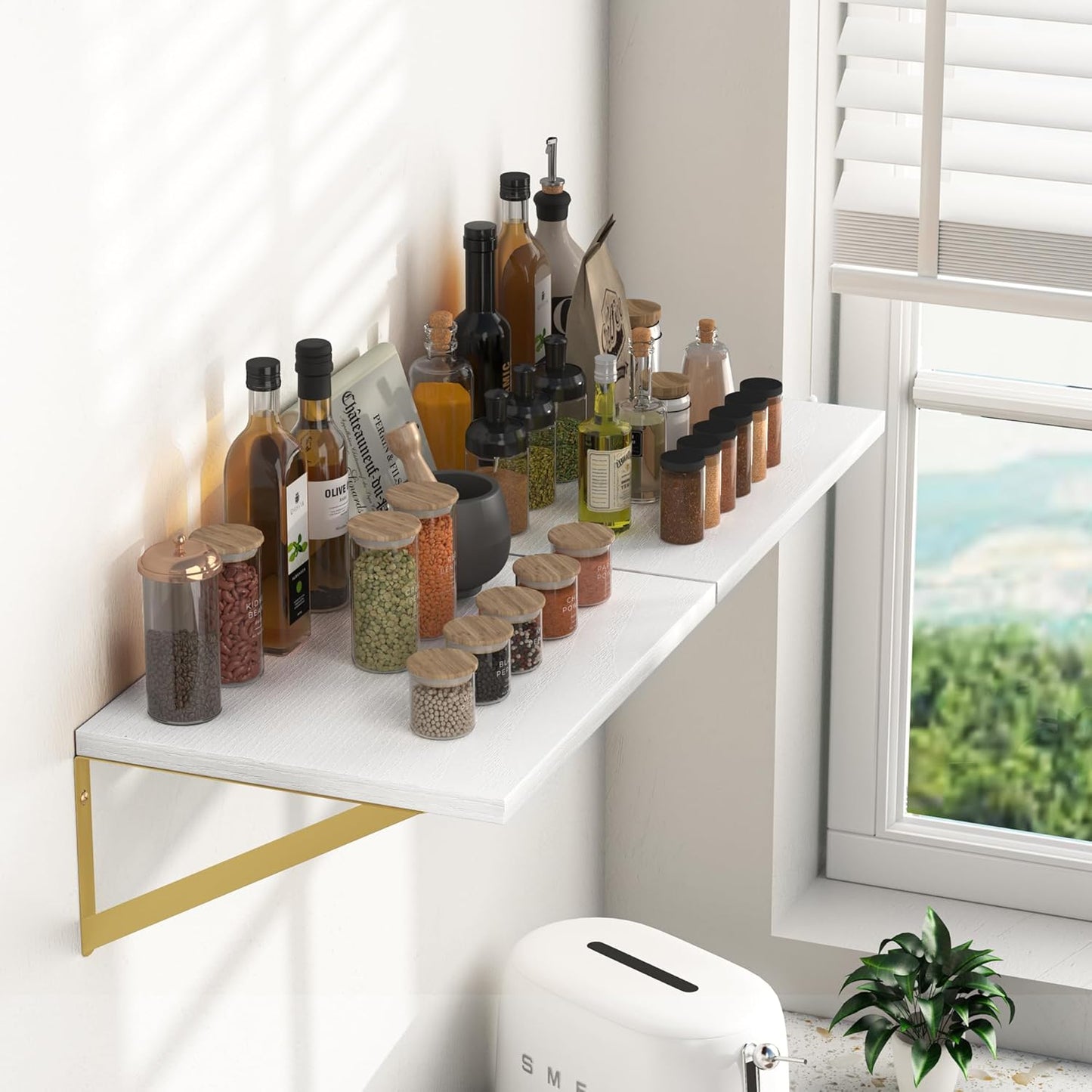 Heimlove Deep Floating Shelves for Wall, 16W x 12D Wood Wall Shelves Set of 2, Wide Floating Bookshelf for Living Room, Kitchen, Office, Bedroom and Decor Storage, with Golden Bracket - White & Gold