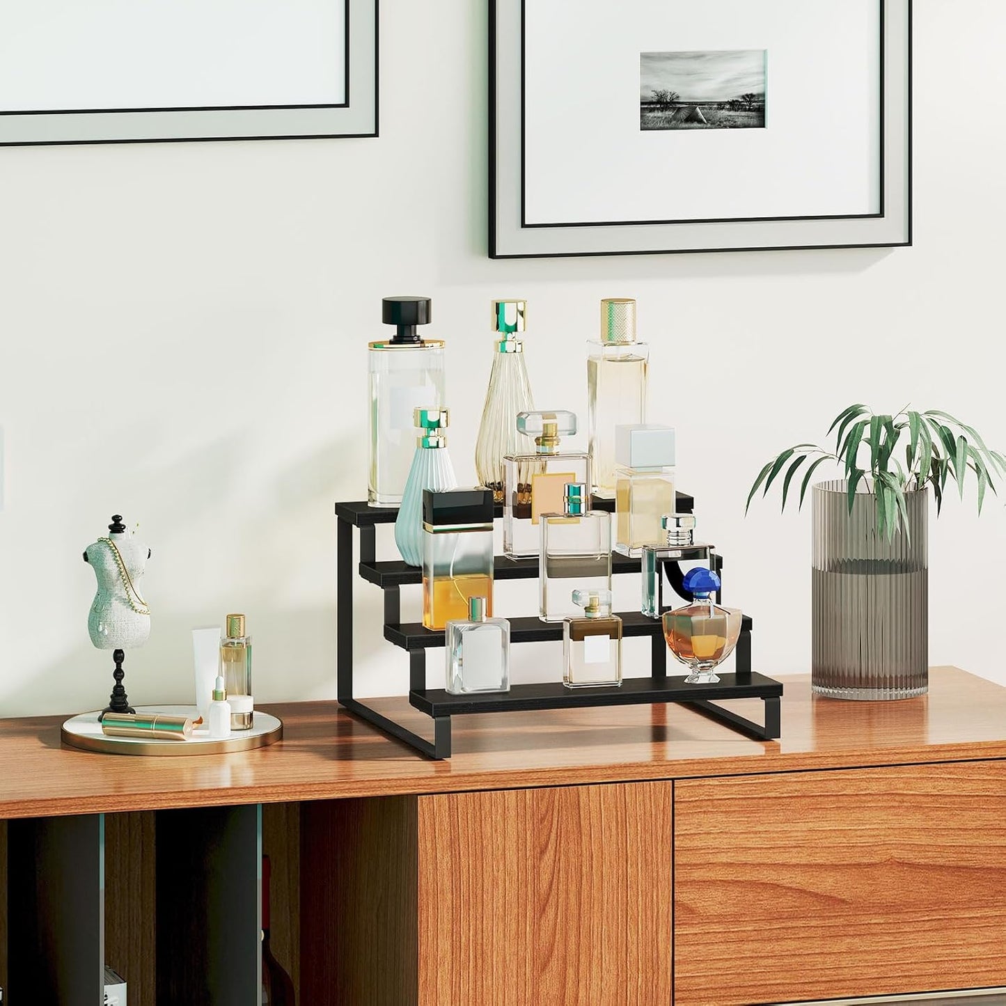 Giikin 4 Tier Spice Rack, Cabinet Organizer Shelf, Wooden Spice Rack for Countertop, Kitchen Counter Storage Shelves Cupcake Stand Holder Display Stand, Black